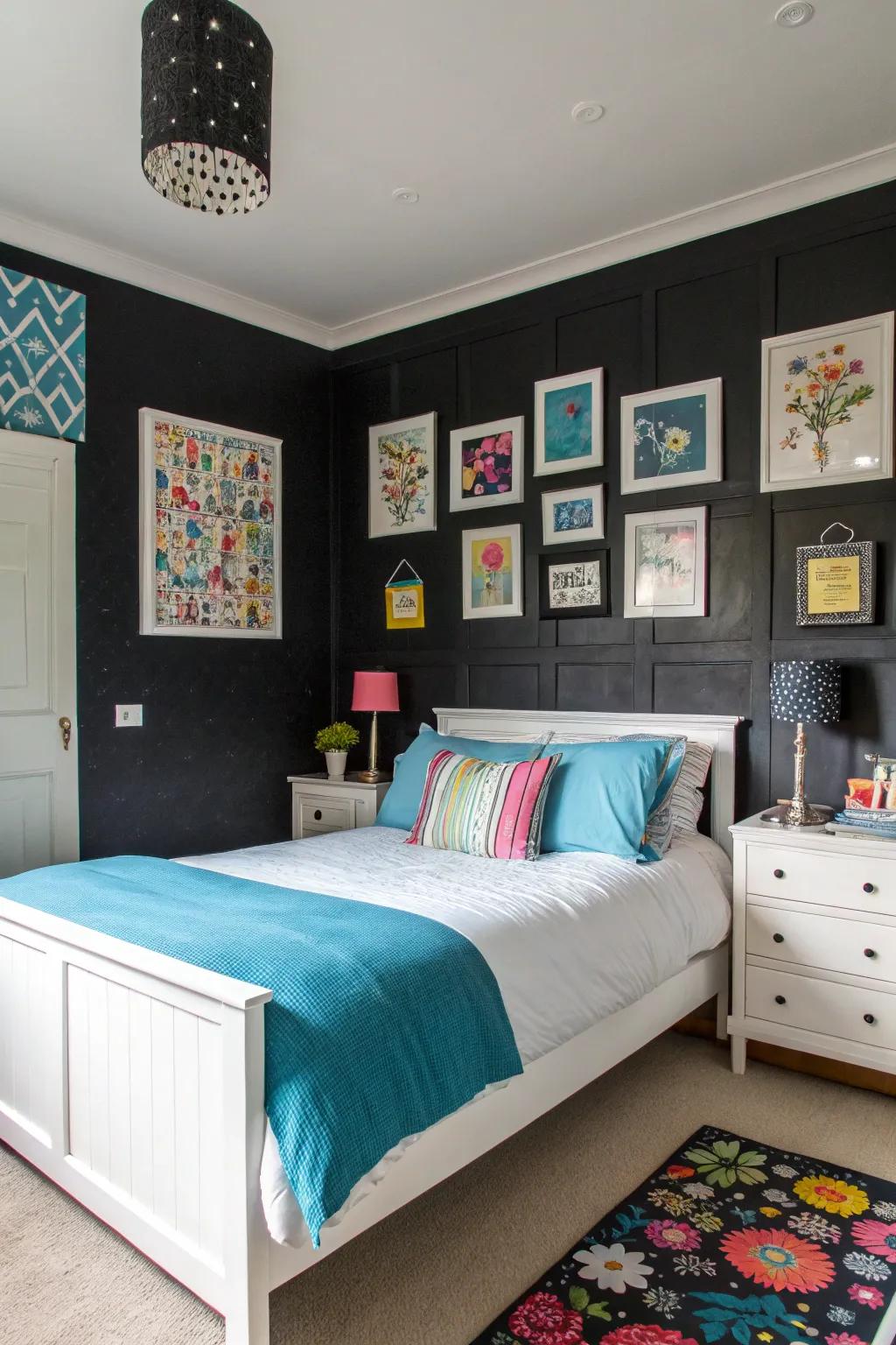 Dramatic black walls create a striking backdrop for this bedroom.