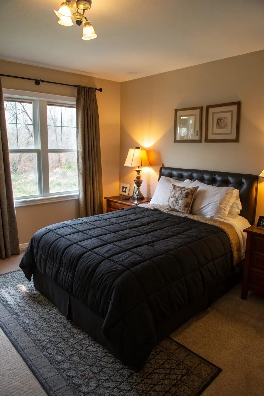 A warmly lit bedroom that feels inviting and serene.