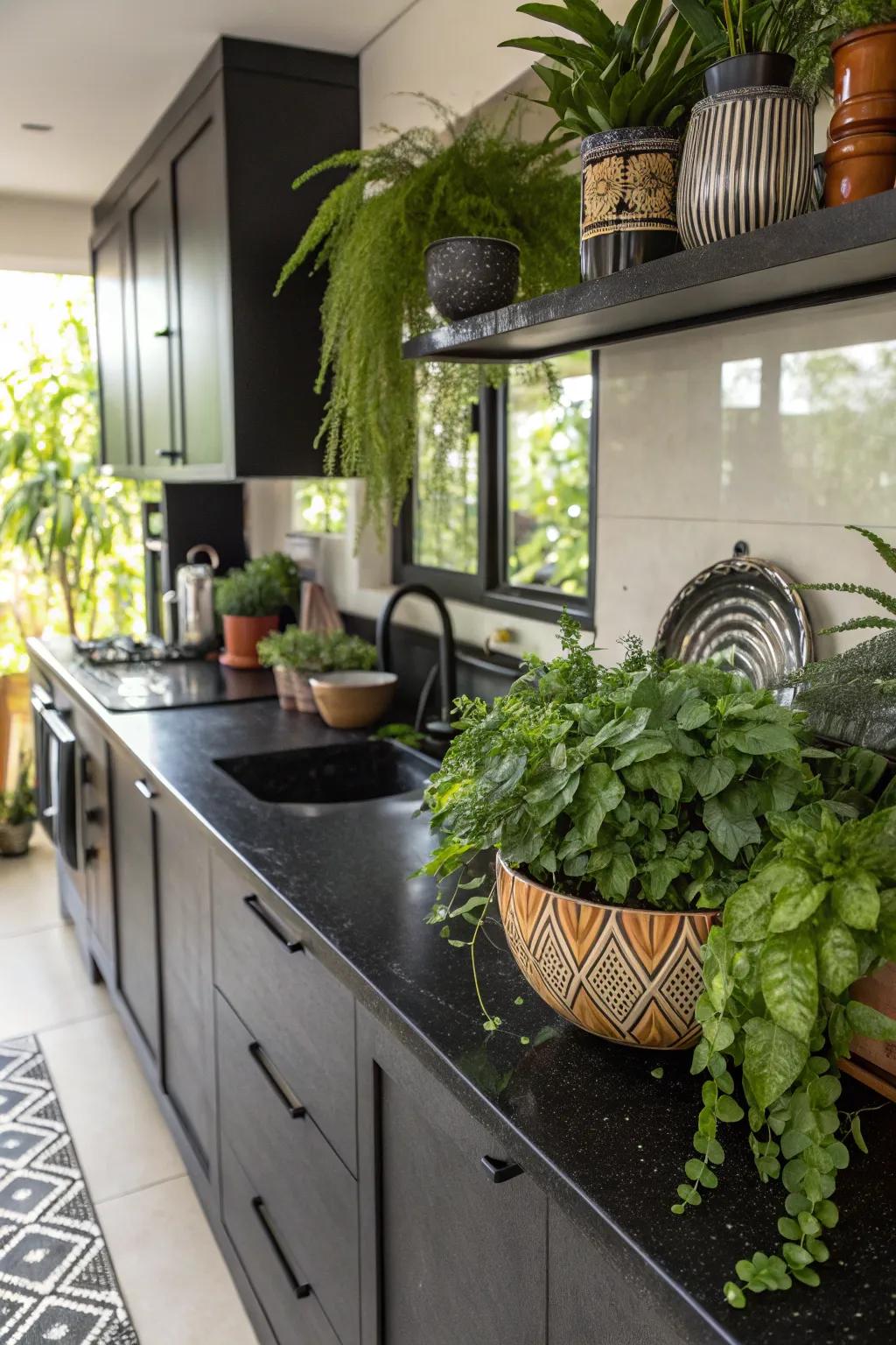 Greenery adds vibrancy to black countertops.