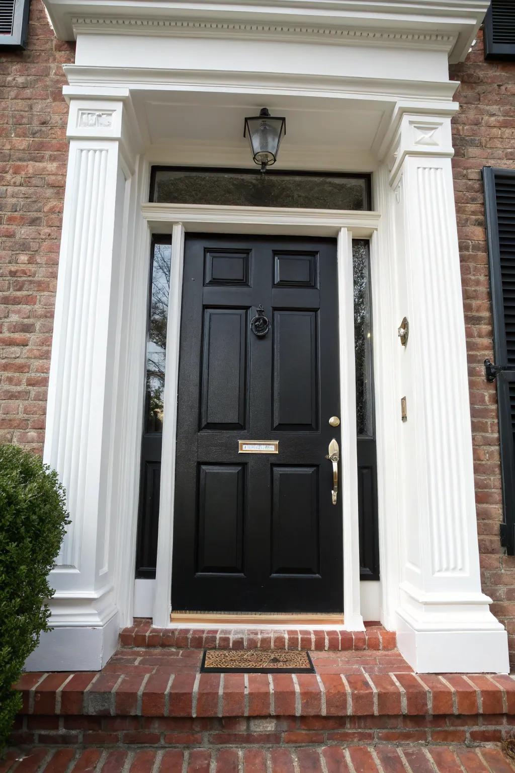 Wide brick molding around a black door adds depth and sophistication.