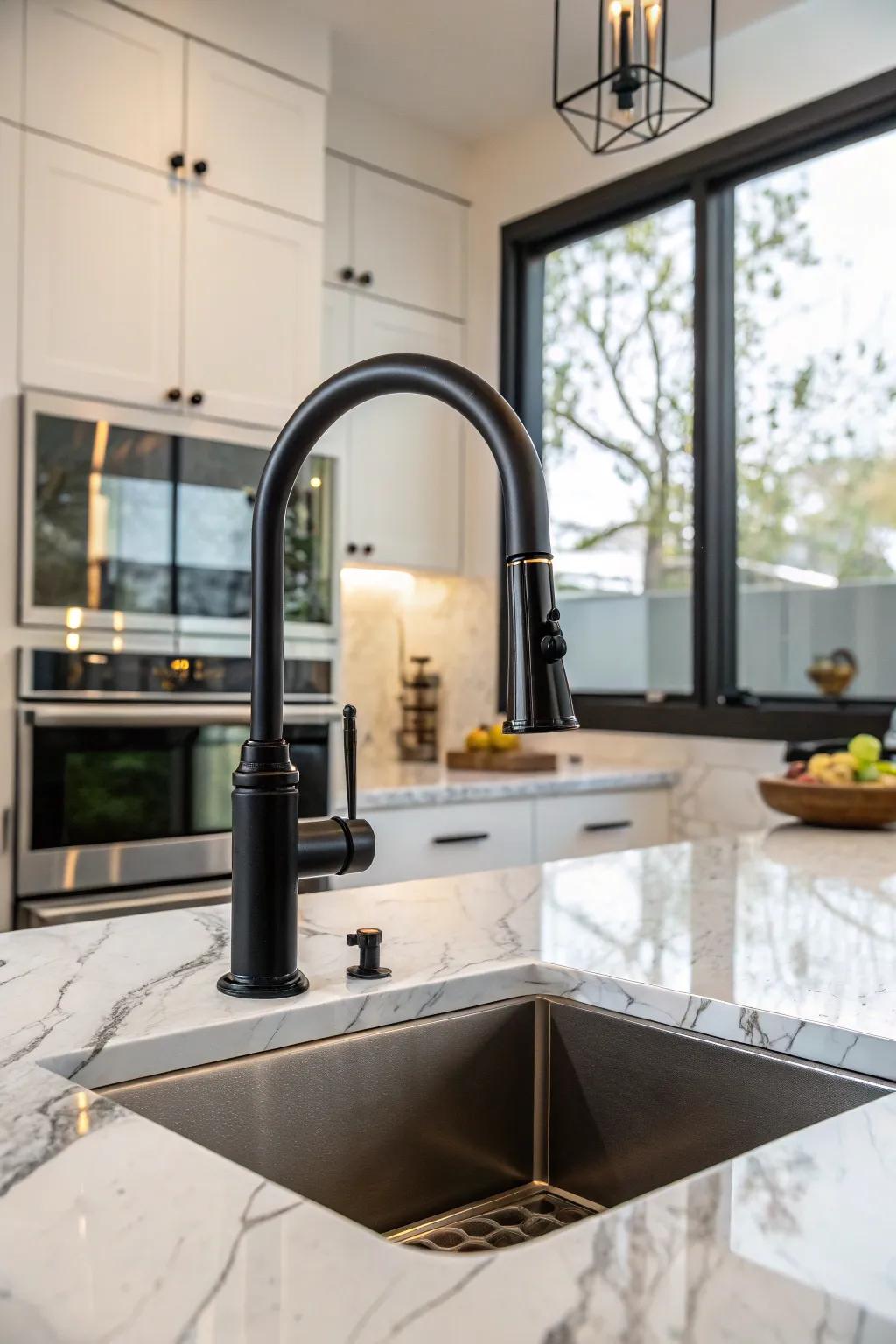 Function meets style with this black faucet equipped with a pull-down sprayer.