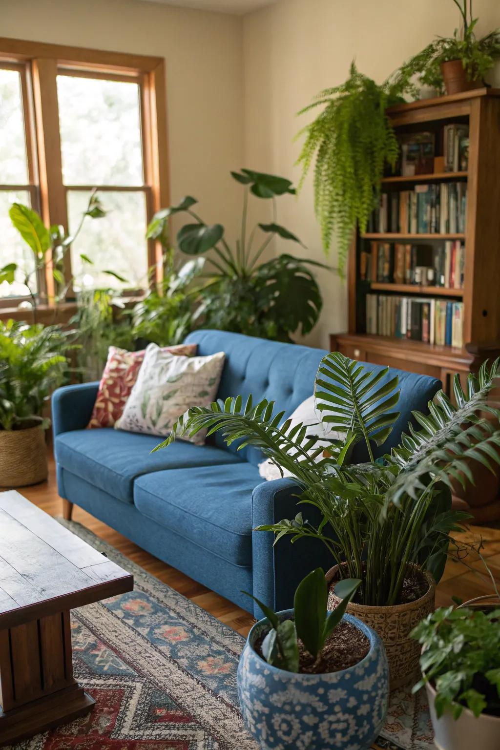 Indoor plants complement the blue couch in a refreshing way.