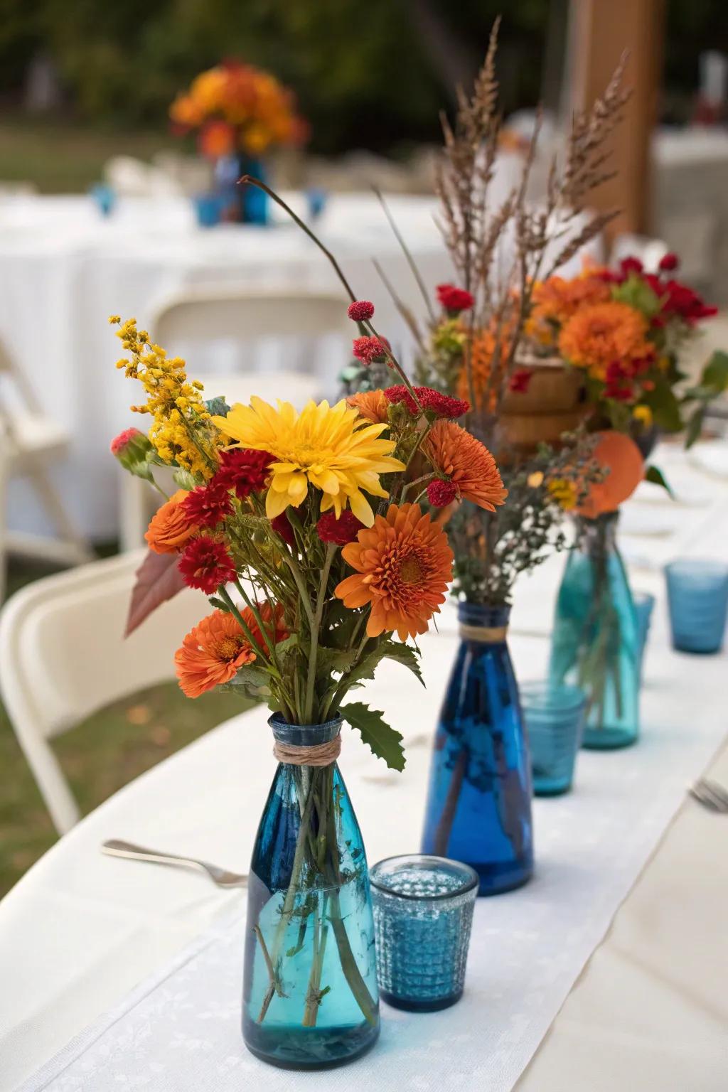 An elegant table centerpiece with blue glass and fall florals.