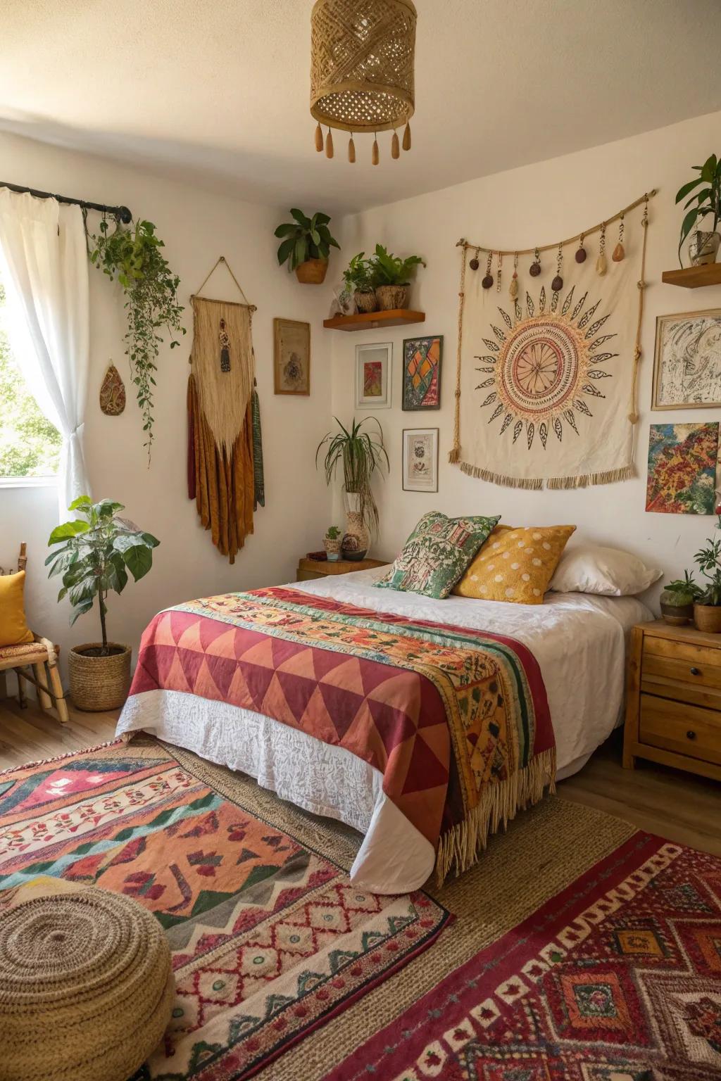 Handcrafted decorations add character and authenticity to this boho bedroom.