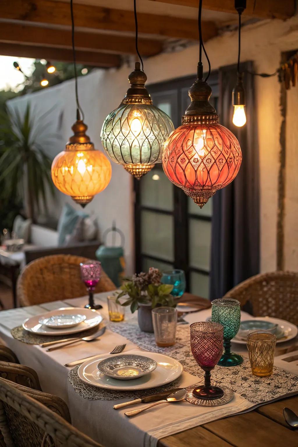 Colored glass pendant lights creating a lively ambiance in a dining area.