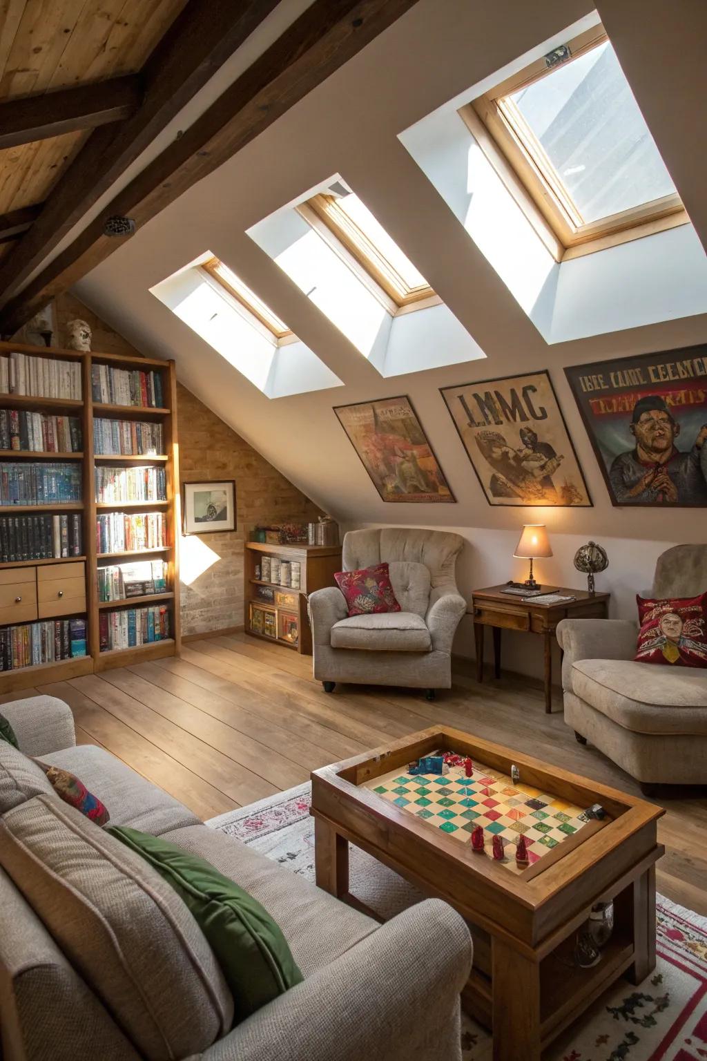 An attic conversion provides a secluded game room escape.