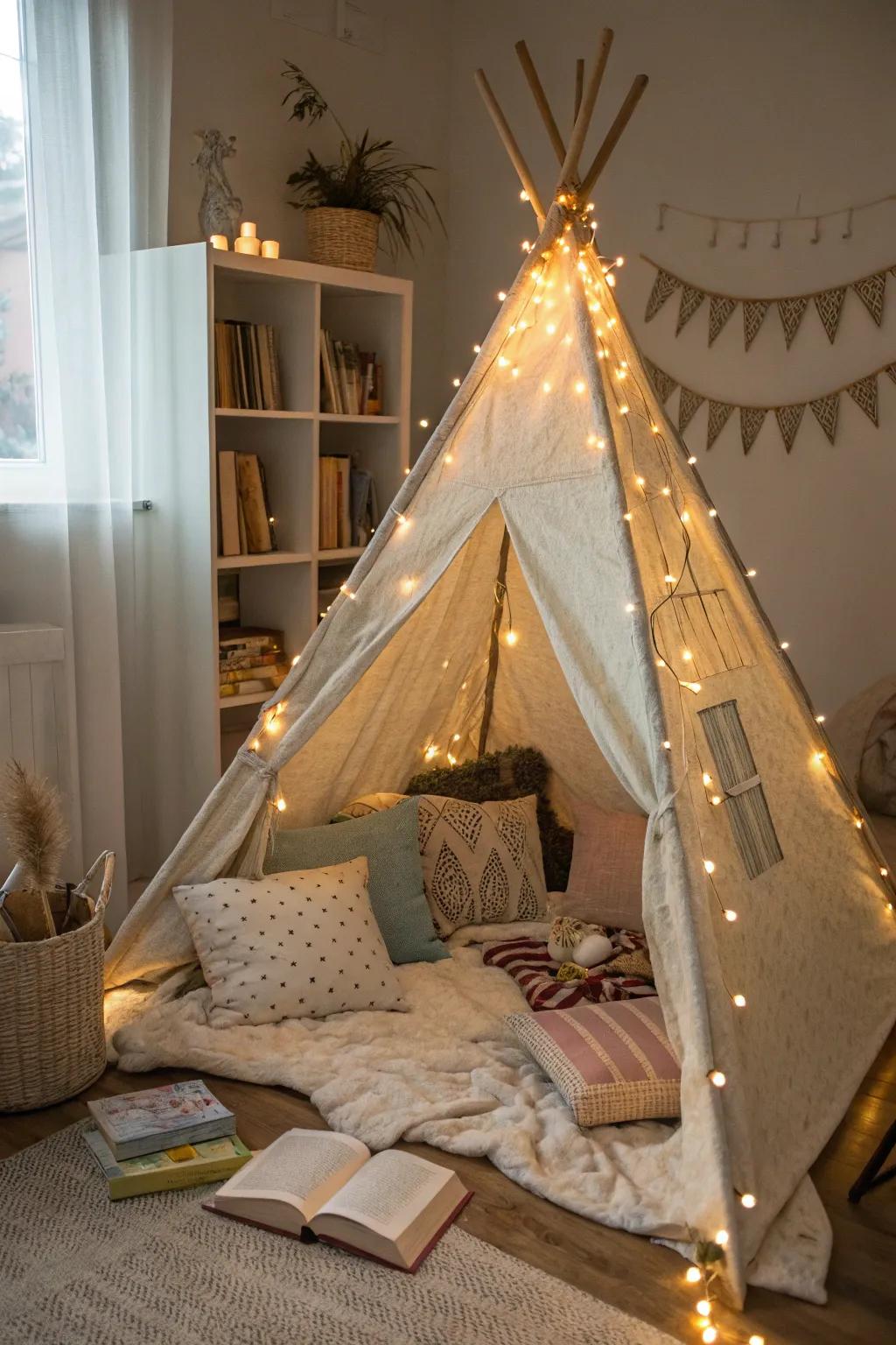 A teepee tent nook that offers a magical reading experience.