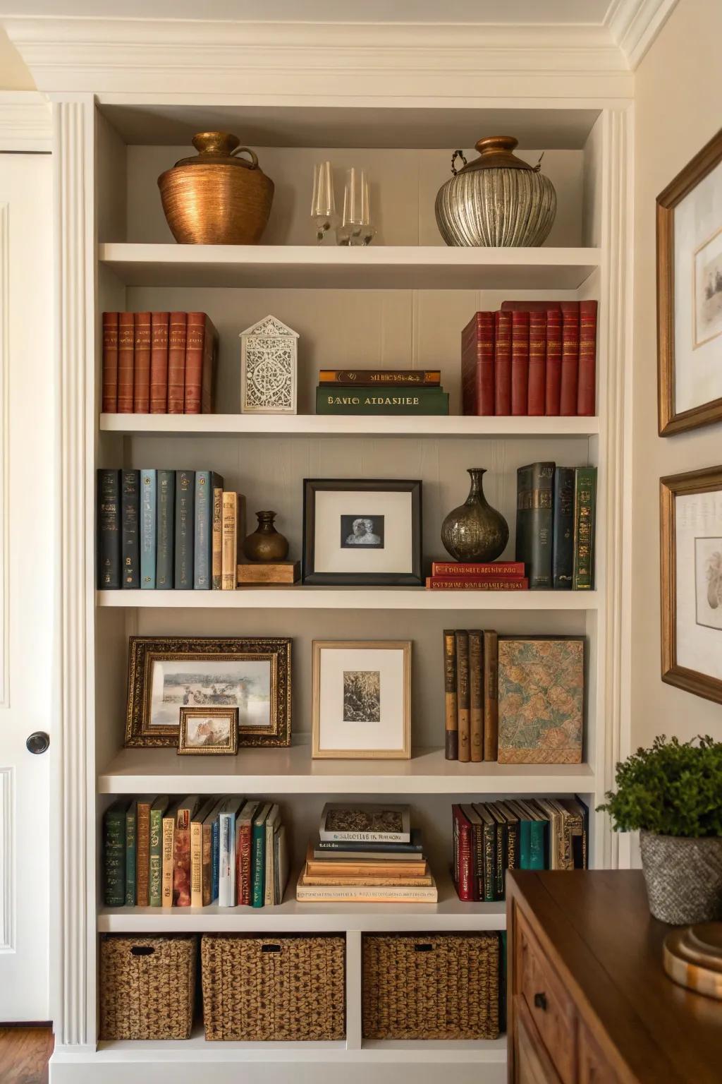 Symmetry on a bookshelf creates a balanced and harmonious display.