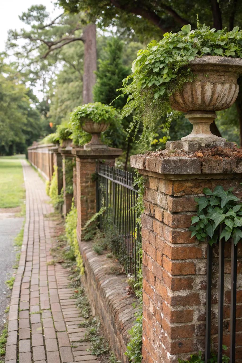 Built-in planters add life and color to brick fences.