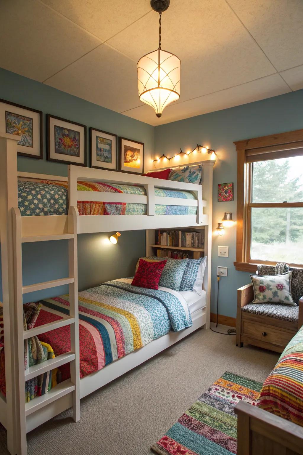 Strategically lit bunk room balancing natural and artificial light.