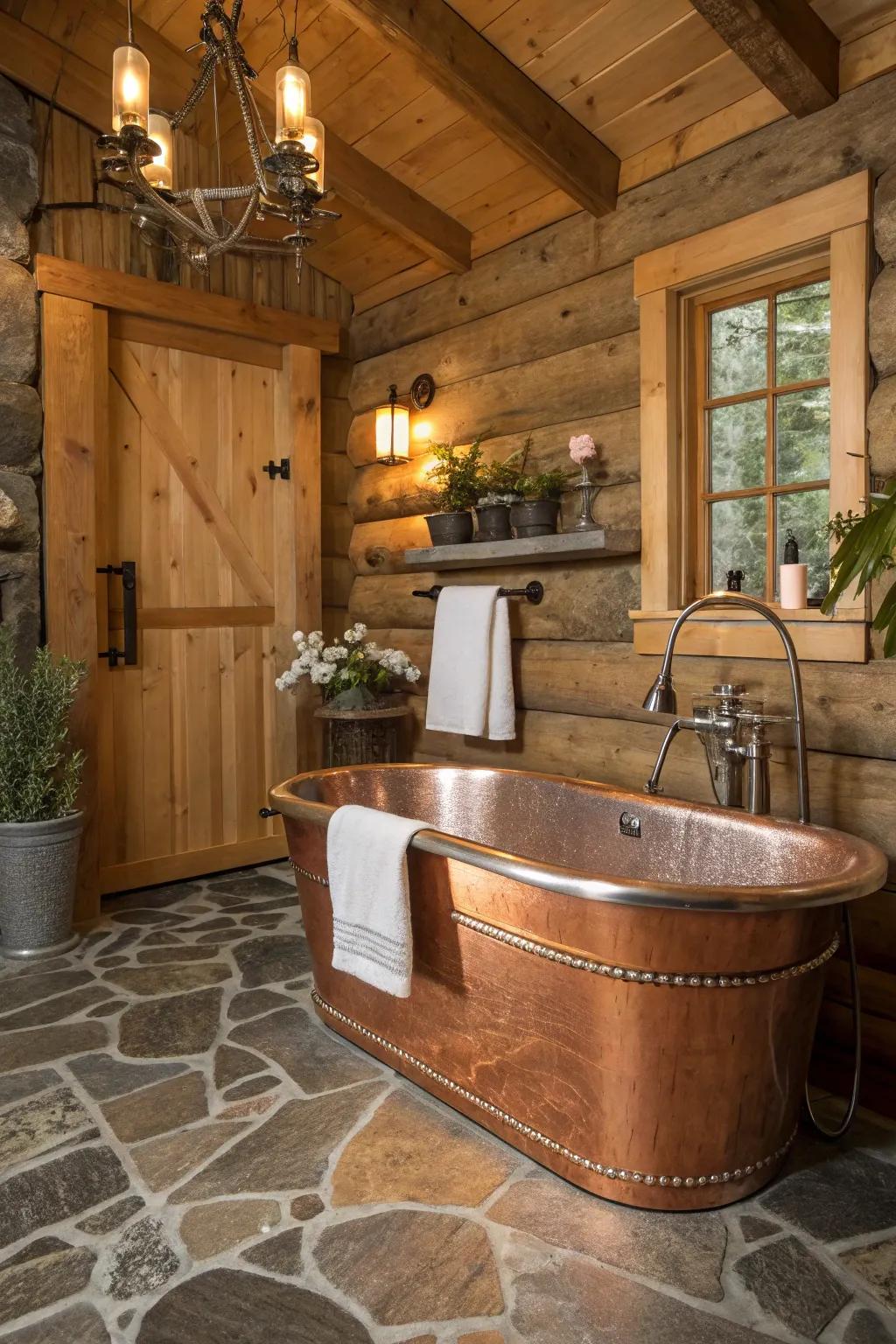 Metal accents provide a unique twist to cabin bathrooms.