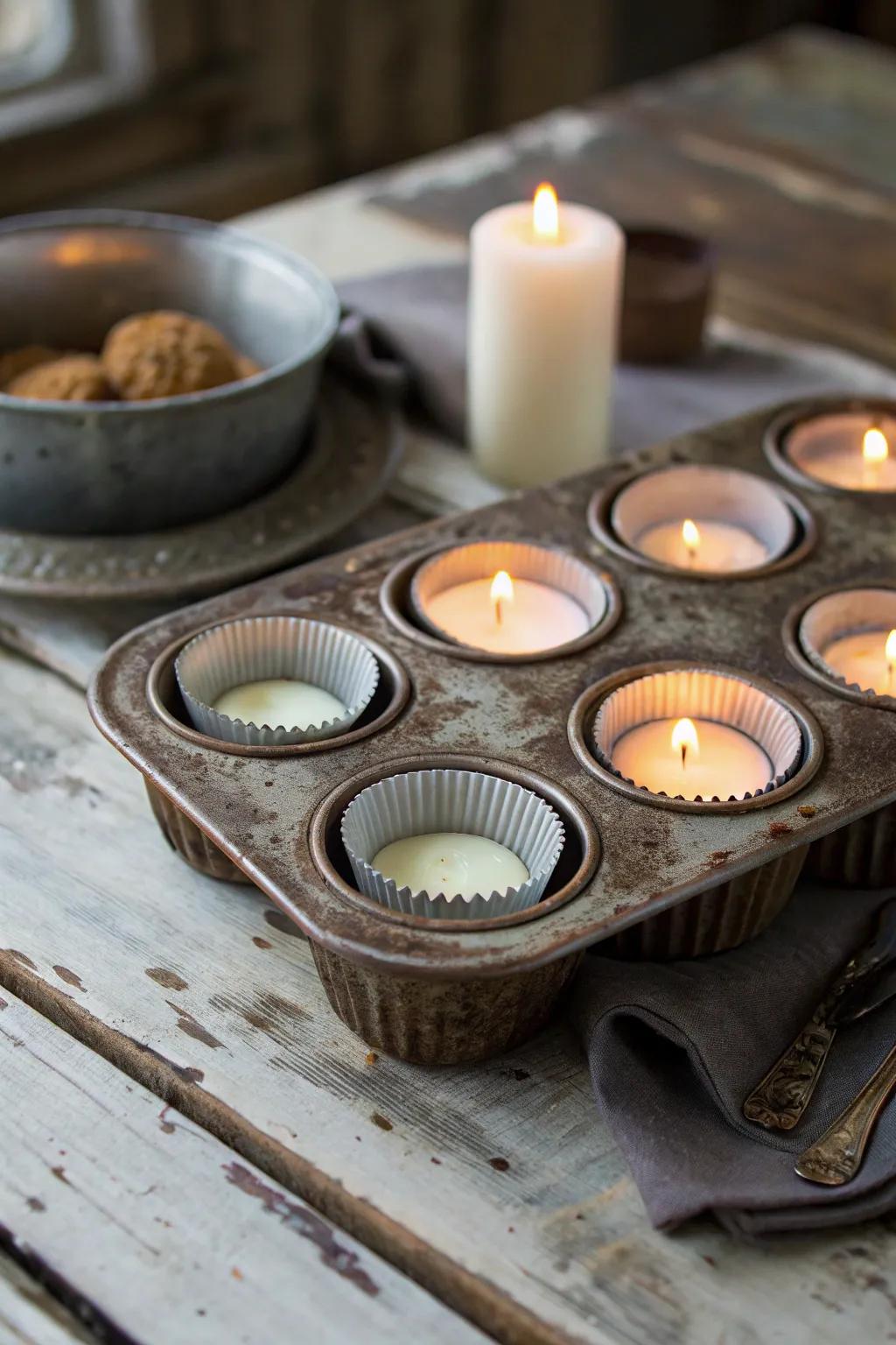 Charming vintage muffin tin candle display.