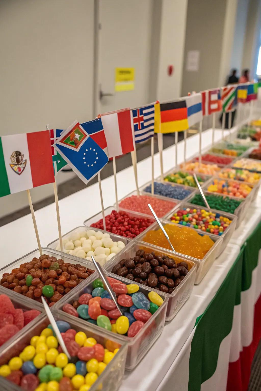 Worldly candy bar showcasing international sweets with cultural flair.