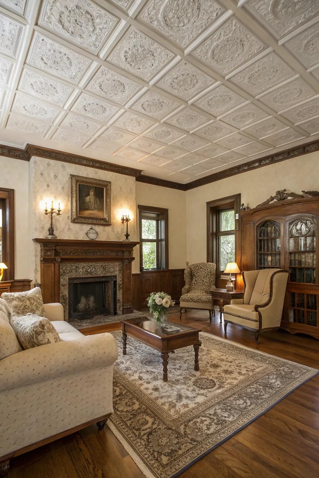 A traditional living room with classic ceiling tiles.