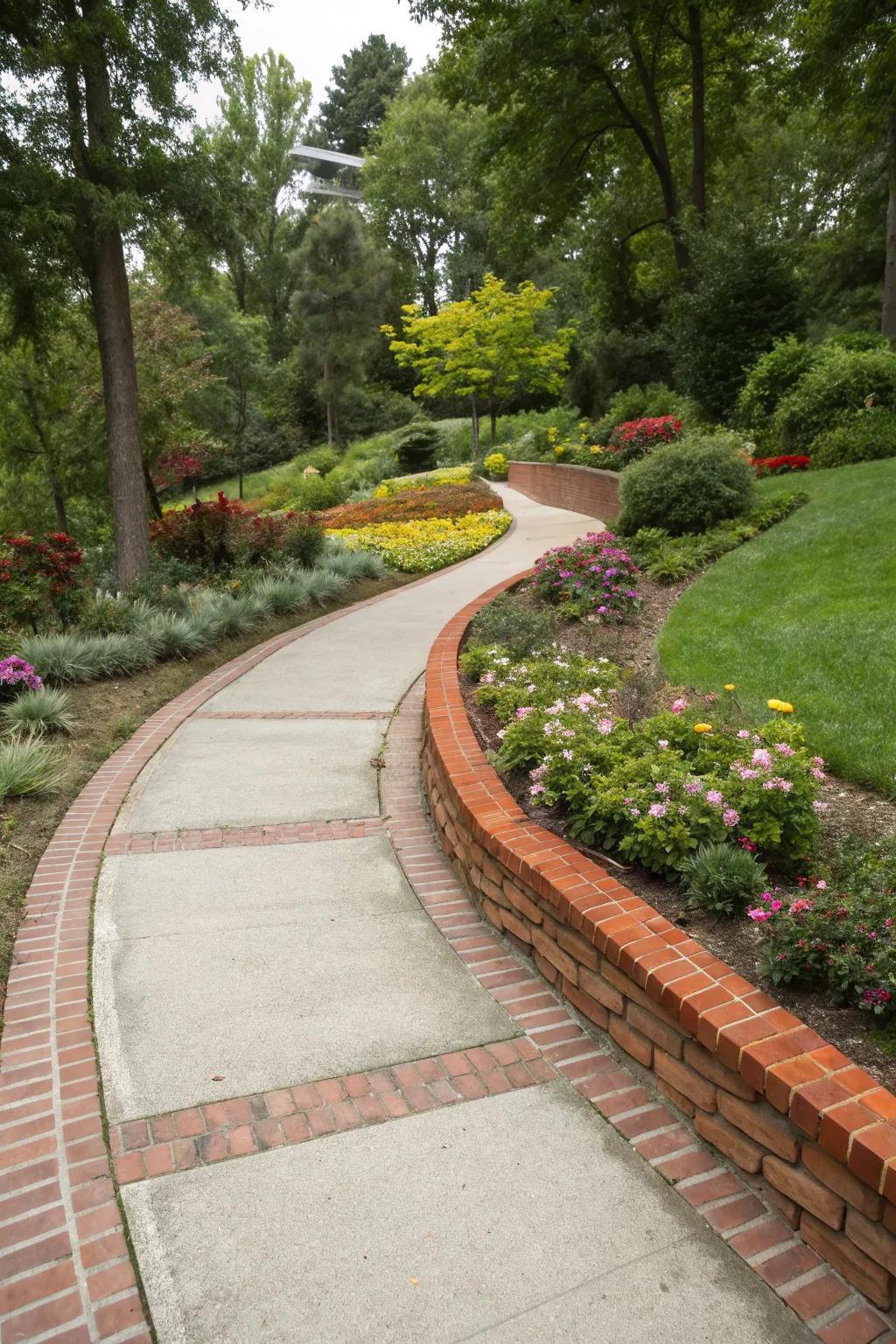 Cement walkway with bold brick borders for a classic touch.