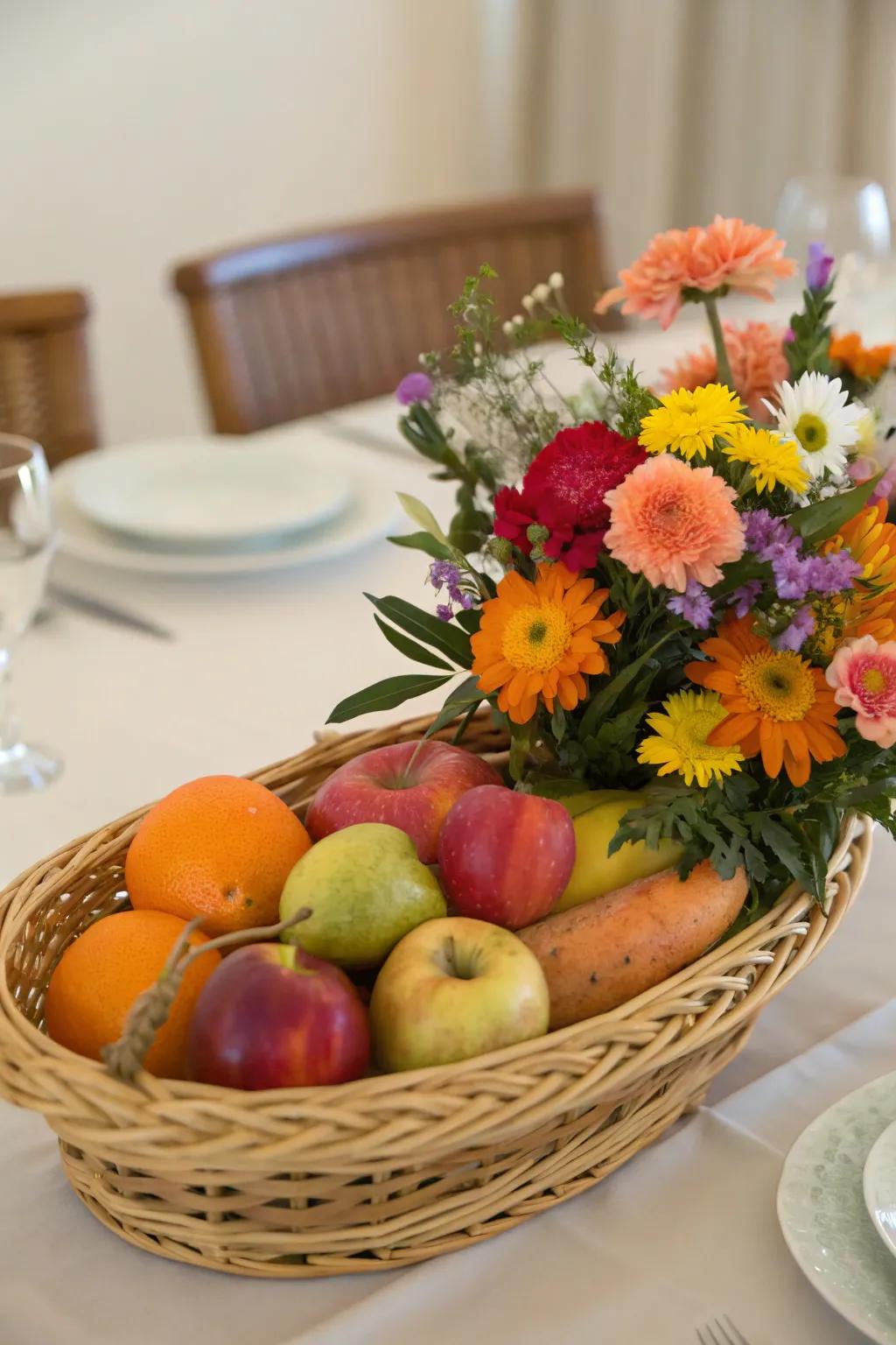 Cozy and inviting with a basket centerpiece base.