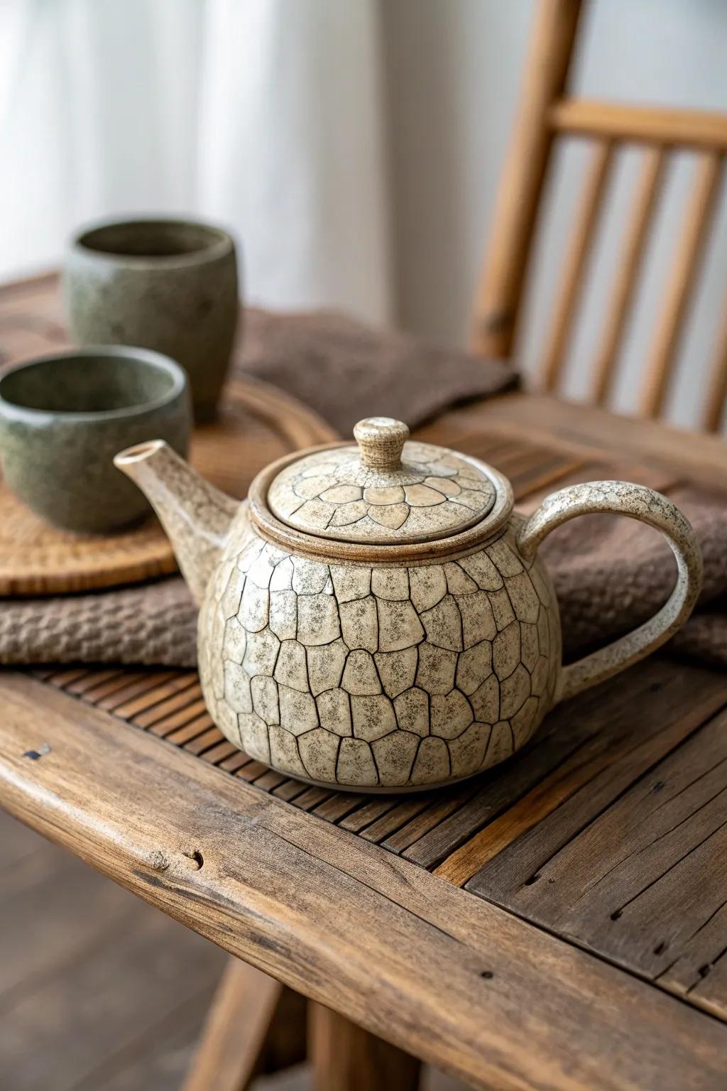 A textured finish adds depth and interest to this ceramic teapot.