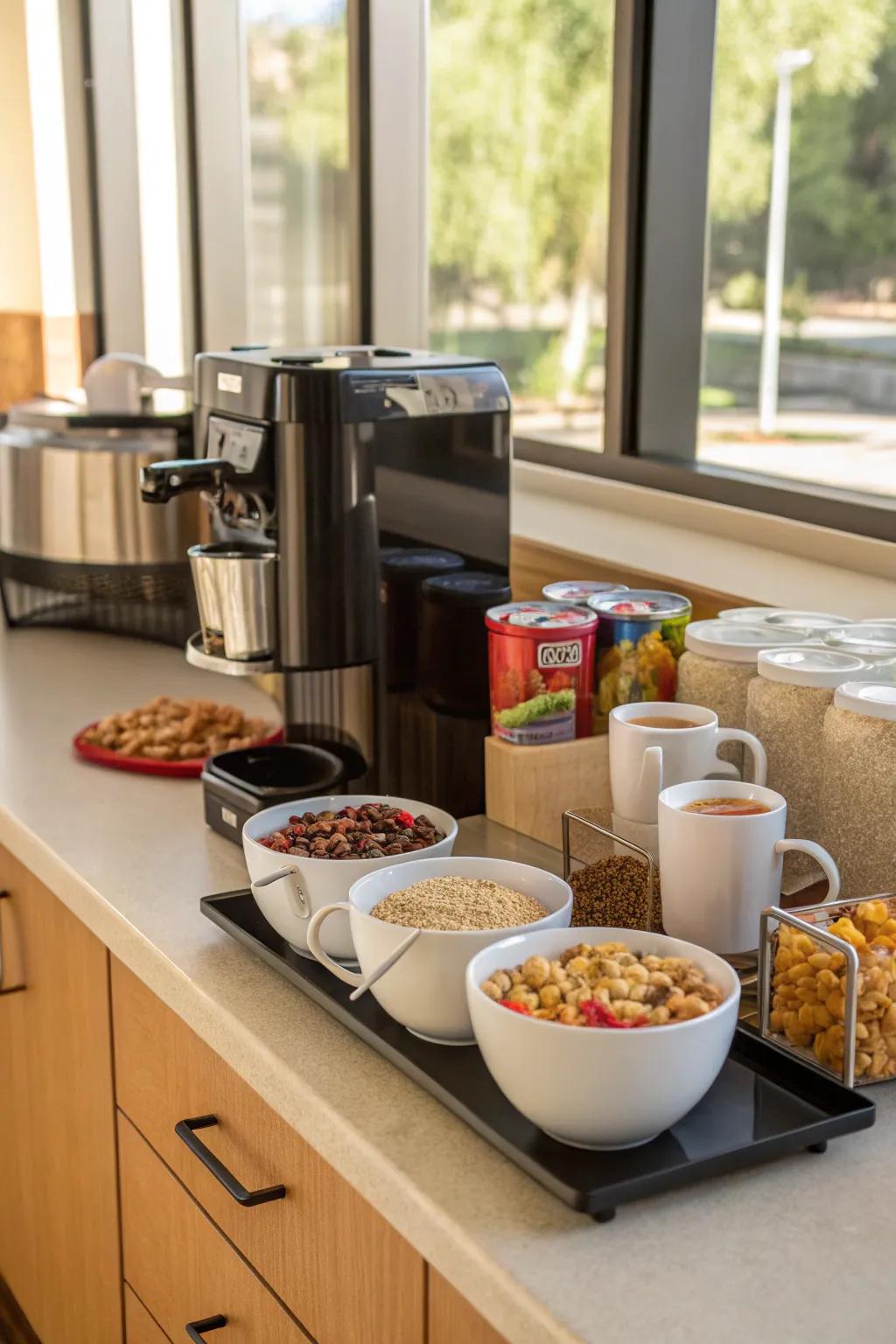 A coffee corner complements your cereal station perfectly.