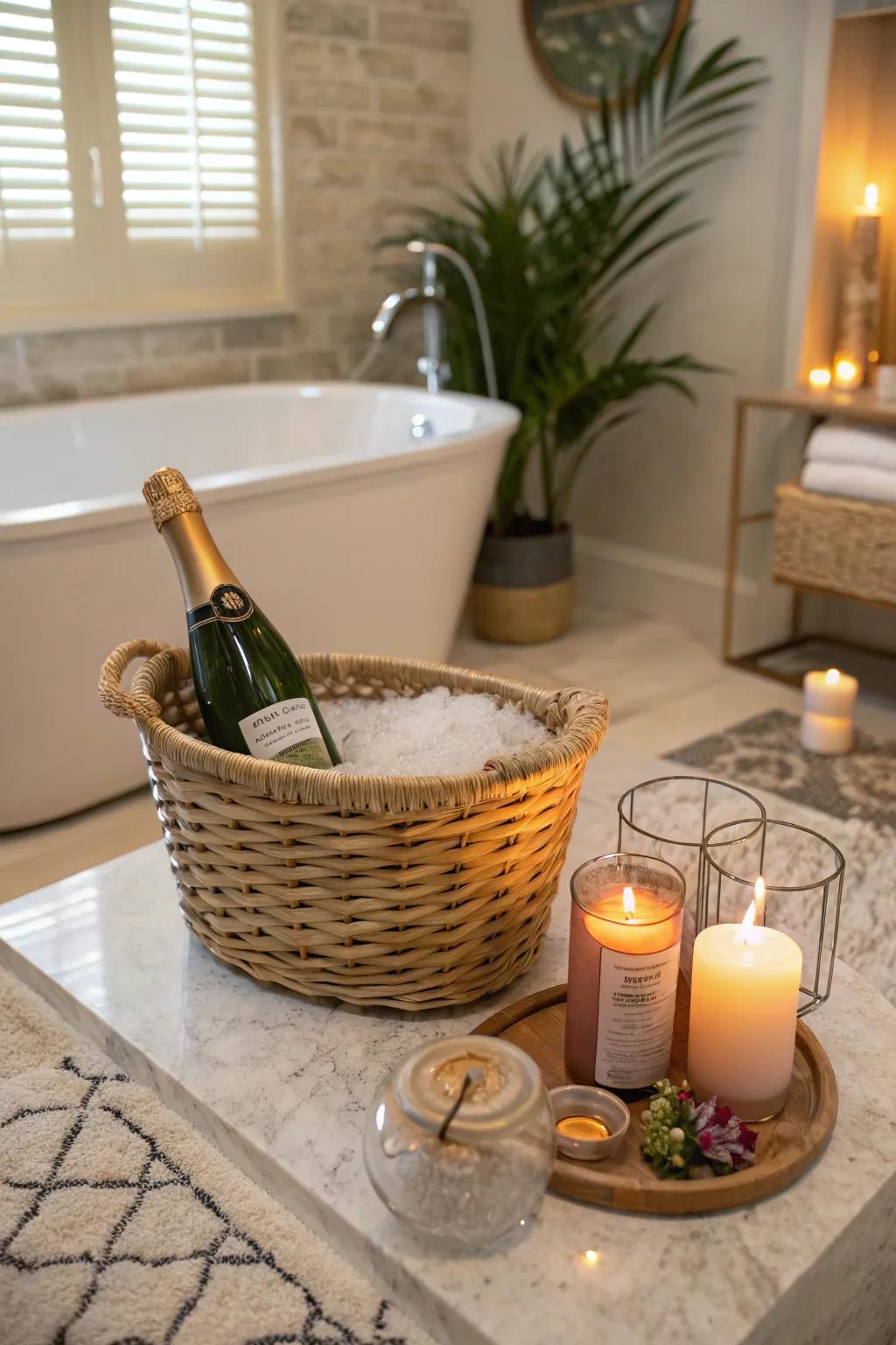 Luxury spa day with champagne and aromatherapy candle.