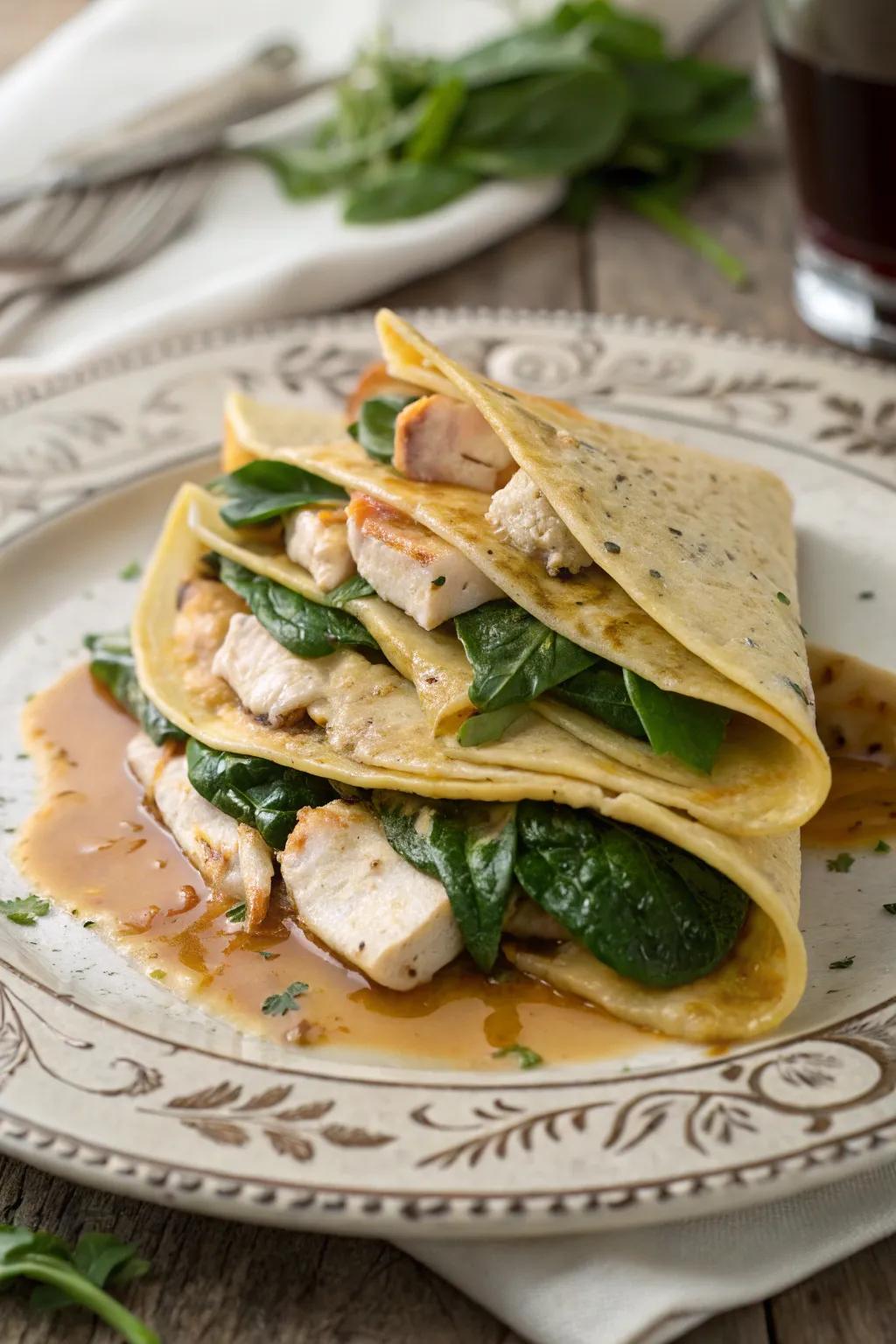 Chicken and spinach crepes, an elegant and delicious choice.