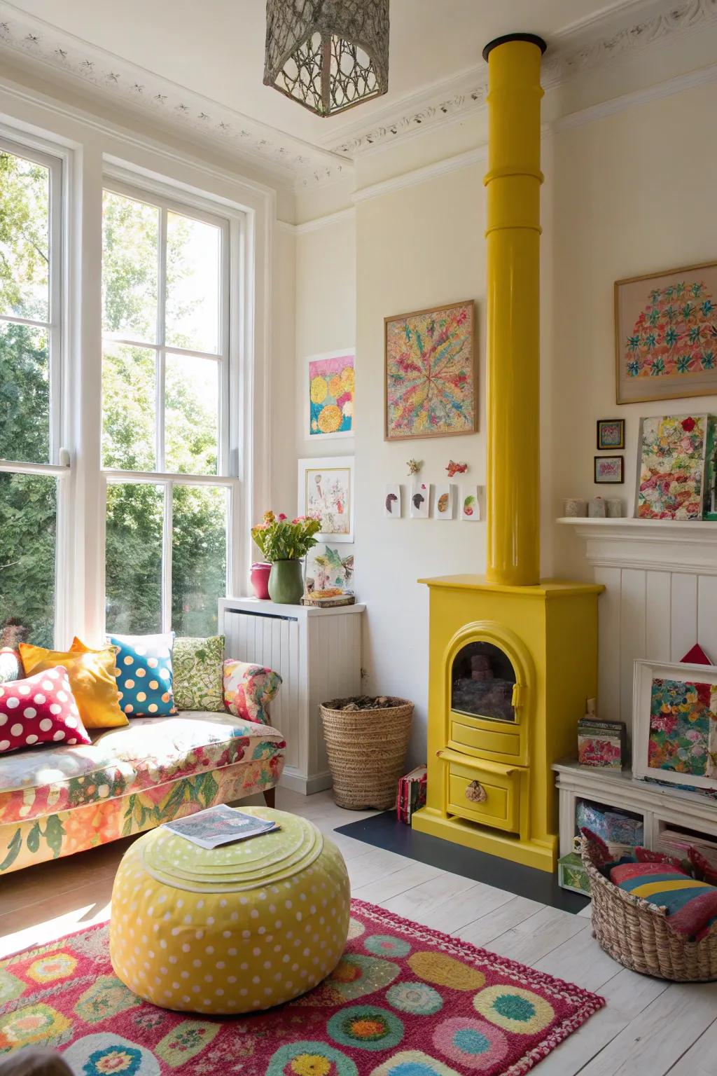 Sunny yellow brightens up the room, creating a cheerful and inviting space.