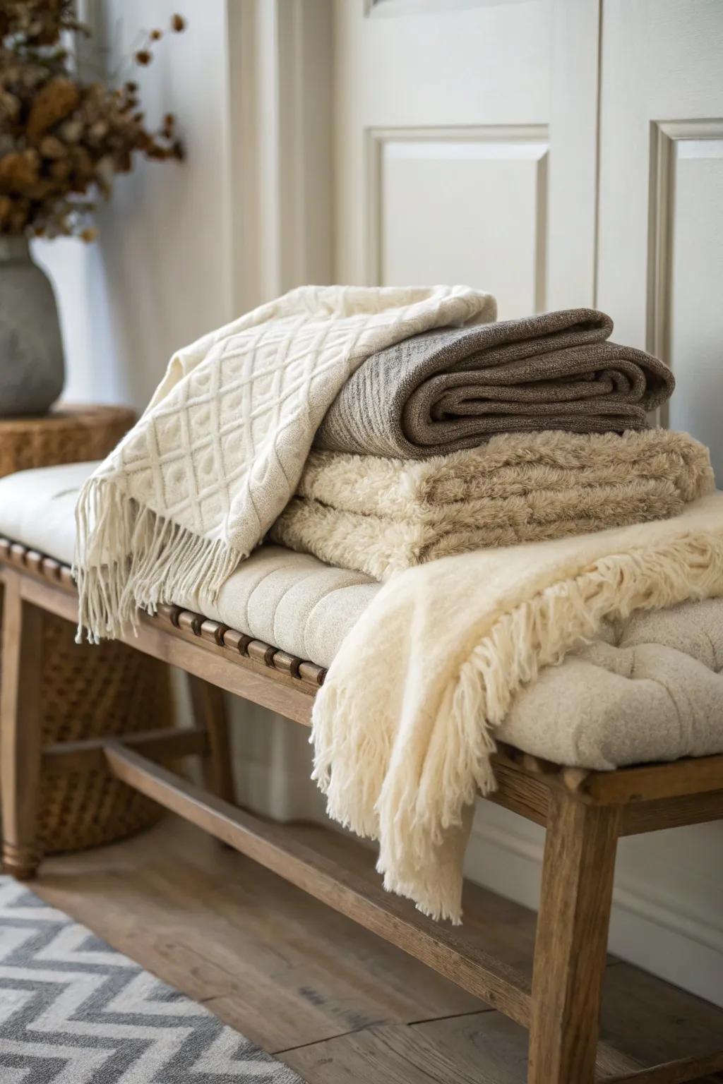 Textured throws add warmth and style to your bench.