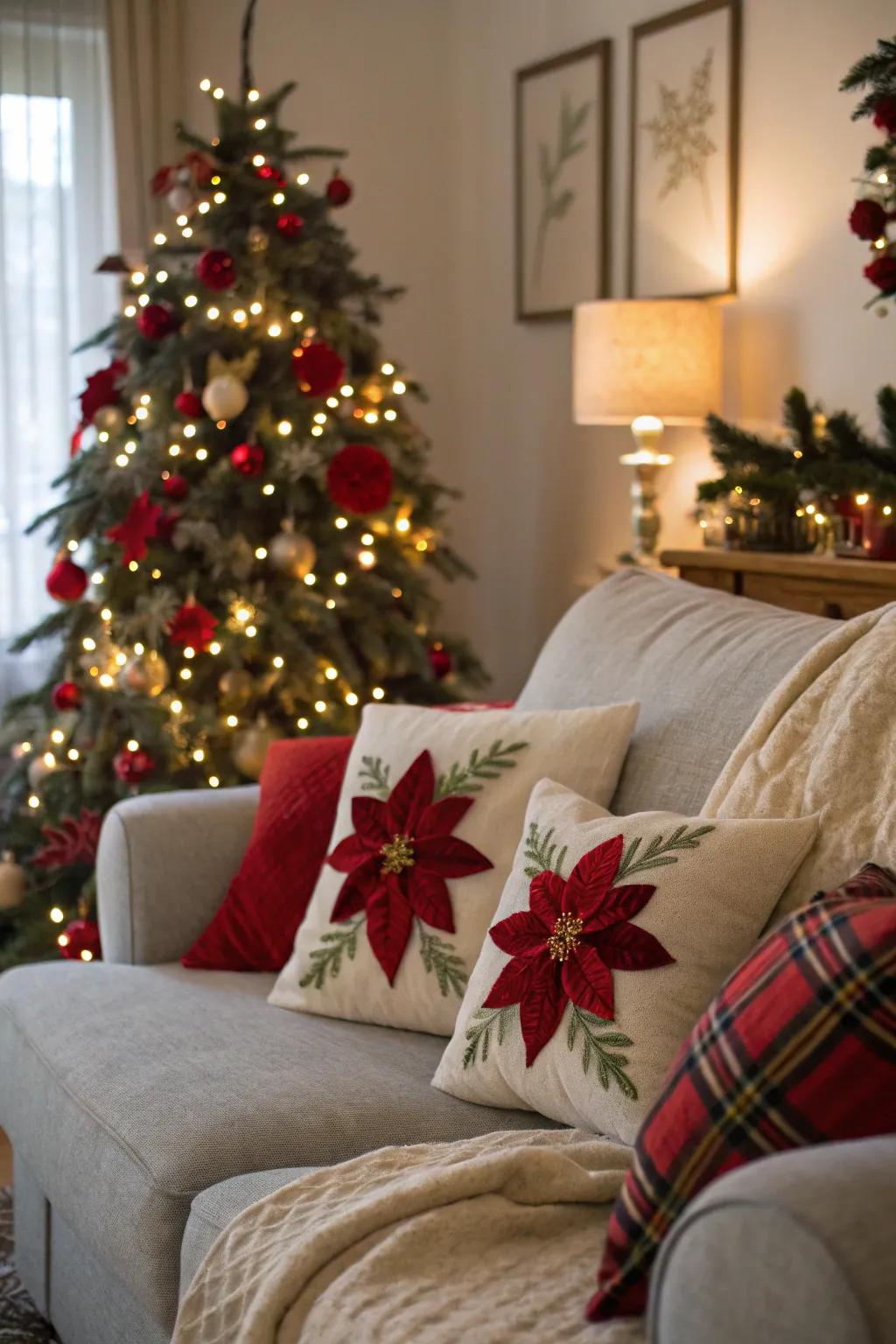 Felt poinsettias bringing natural elegance to the decor.