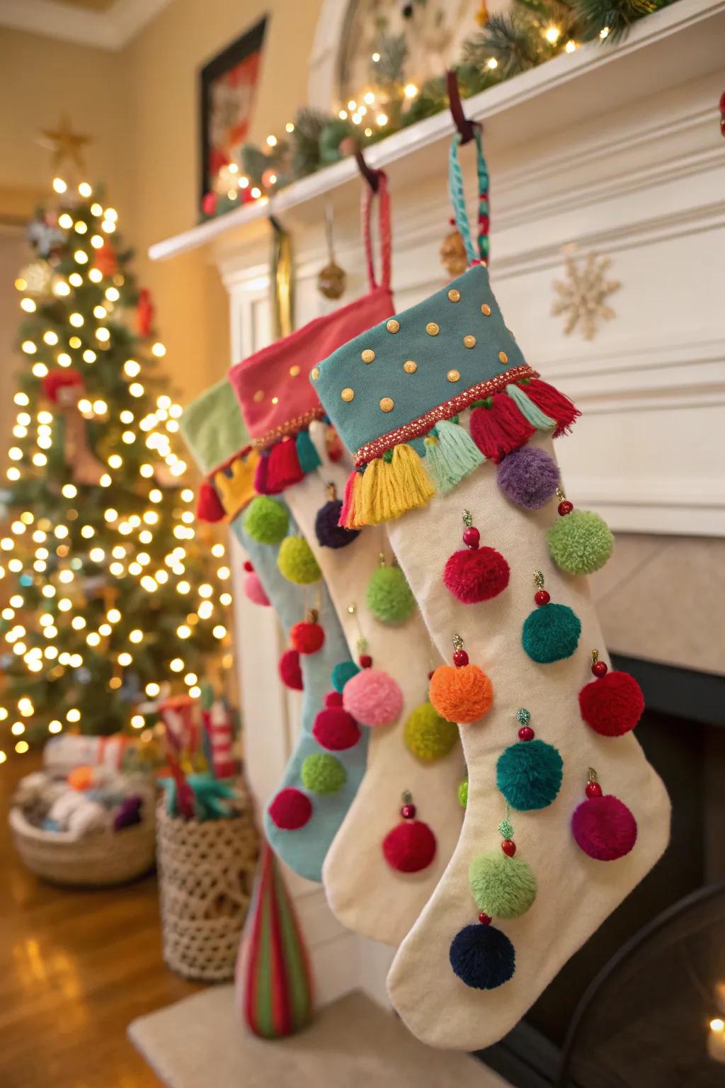Pom-poms and tassels add a playful and cheerful touch to stockings.