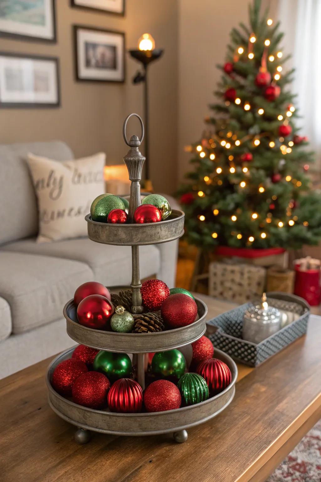 Classic red and green make for a joyful tiered tray display.