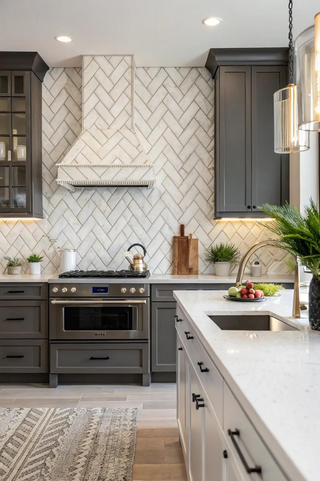 Herringbone pattern adds sophistication to this kitchen.