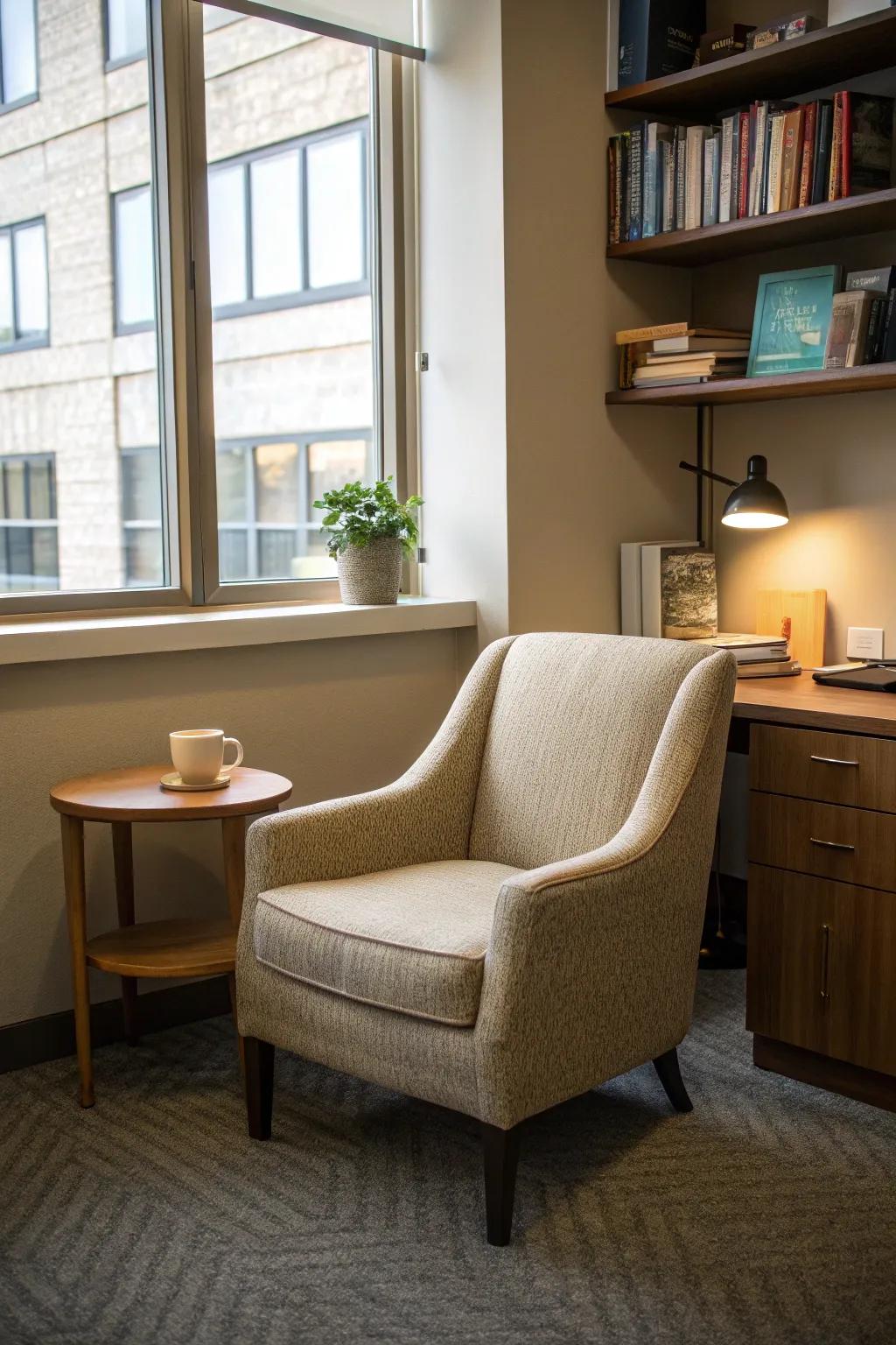 A reading nook offers a cozy escape within a professional office setting.