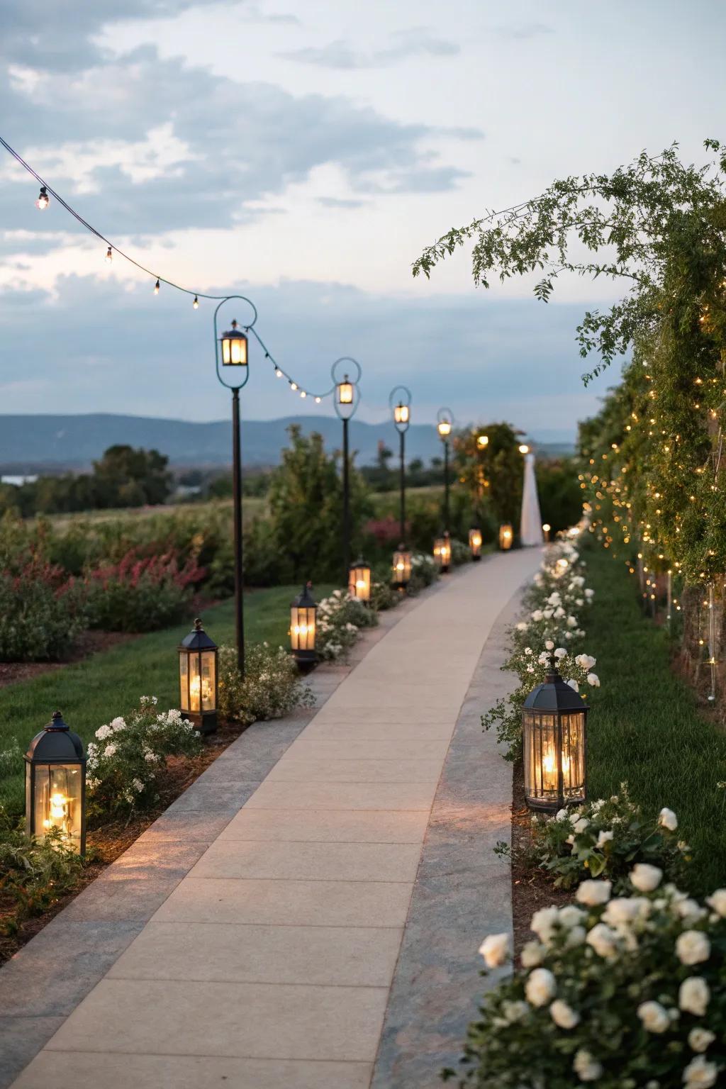 Elegant pathway lighting with stake lights.