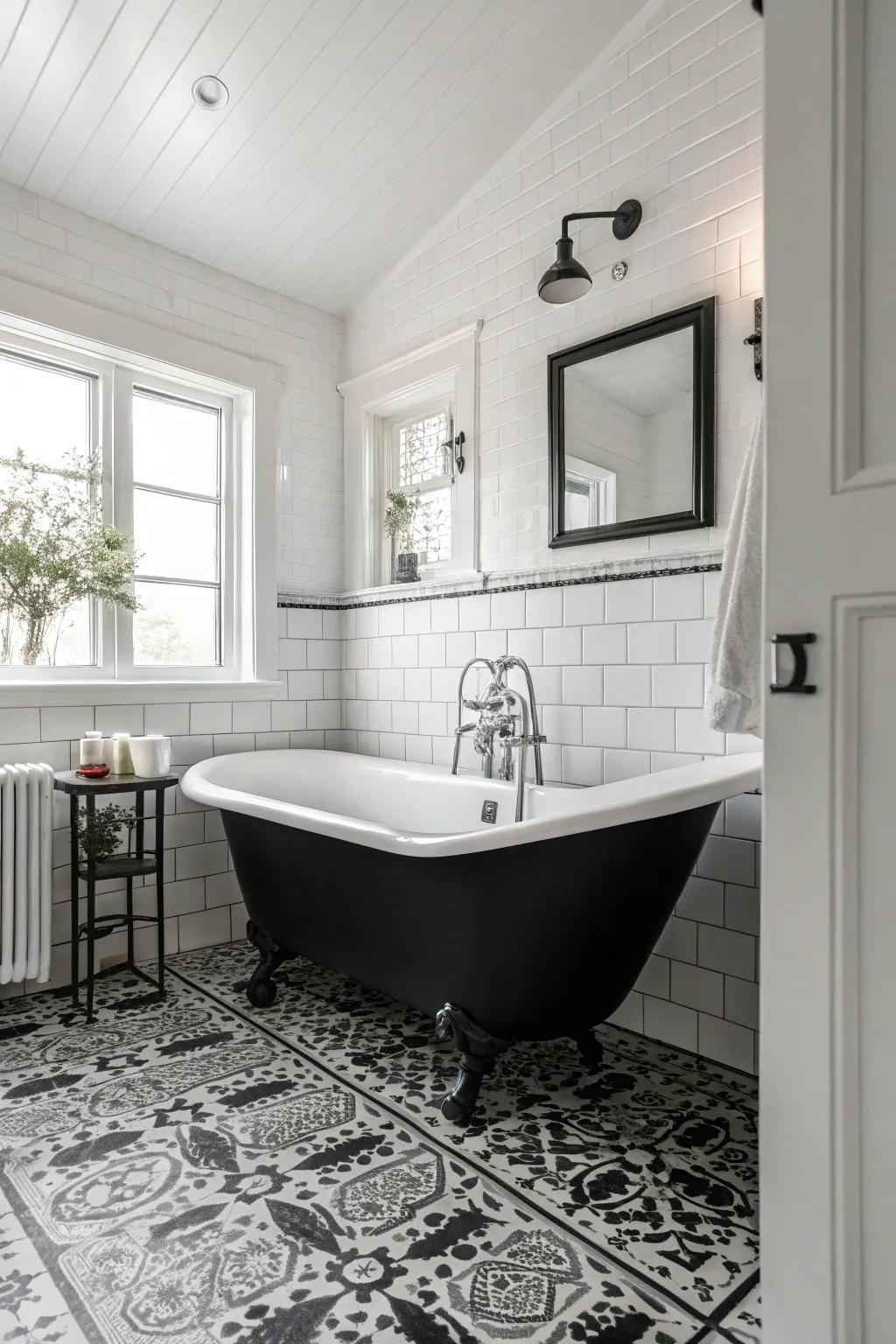 A chic monochrome bathroom where contrast creates drama.
