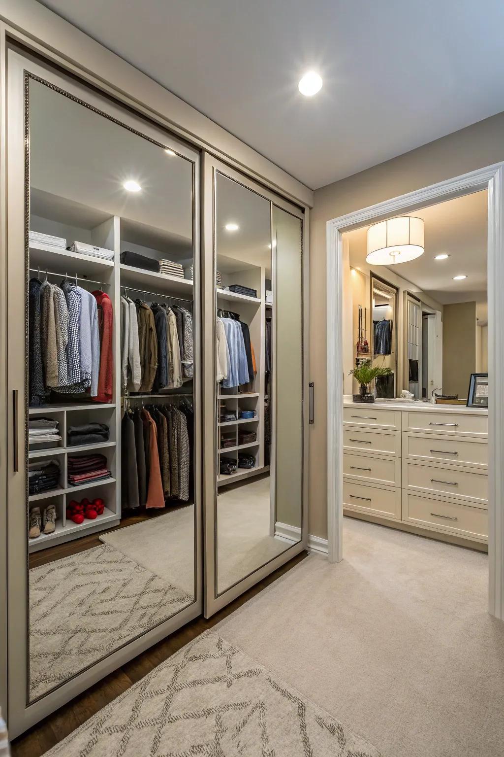 Mirrors add depth and utility to any closet design.