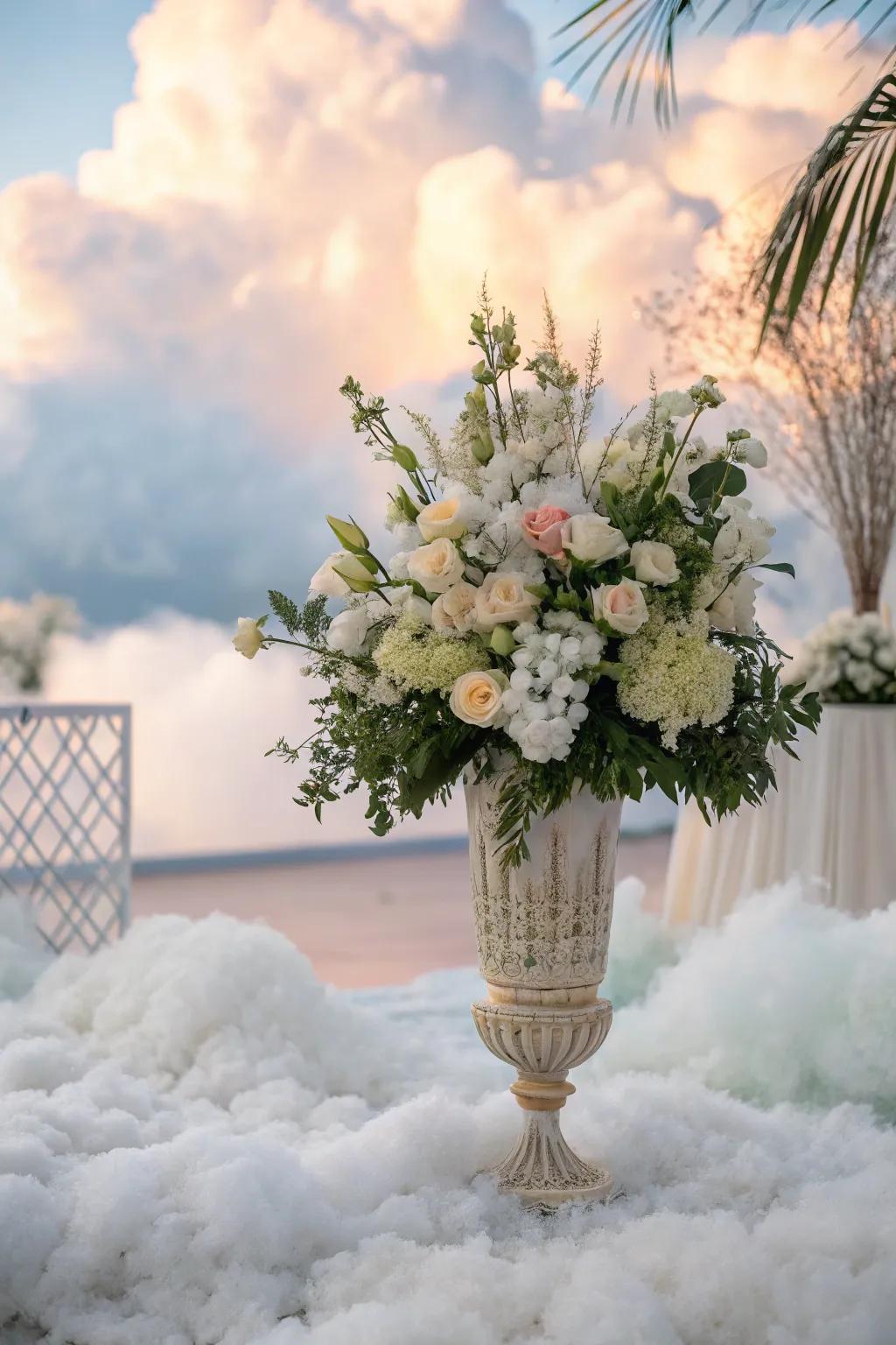 Floral arrangements add a fresh and delicate touch to the cloud-themed decor.