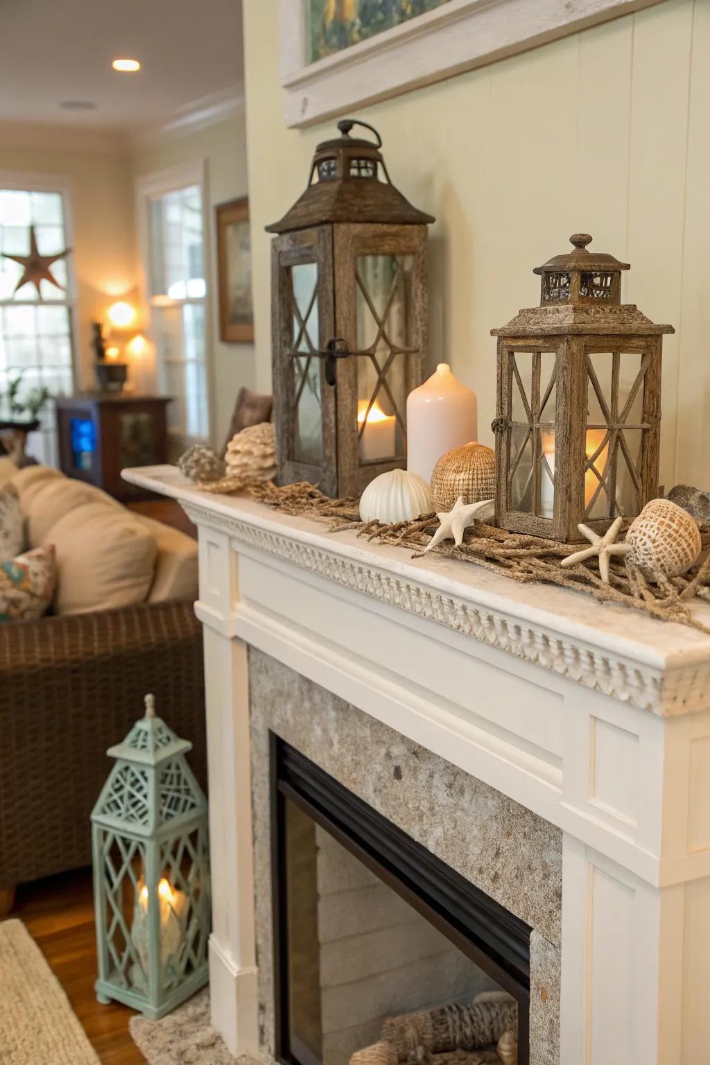 A well-decorated mantel enhances the fireplace as a focal point.