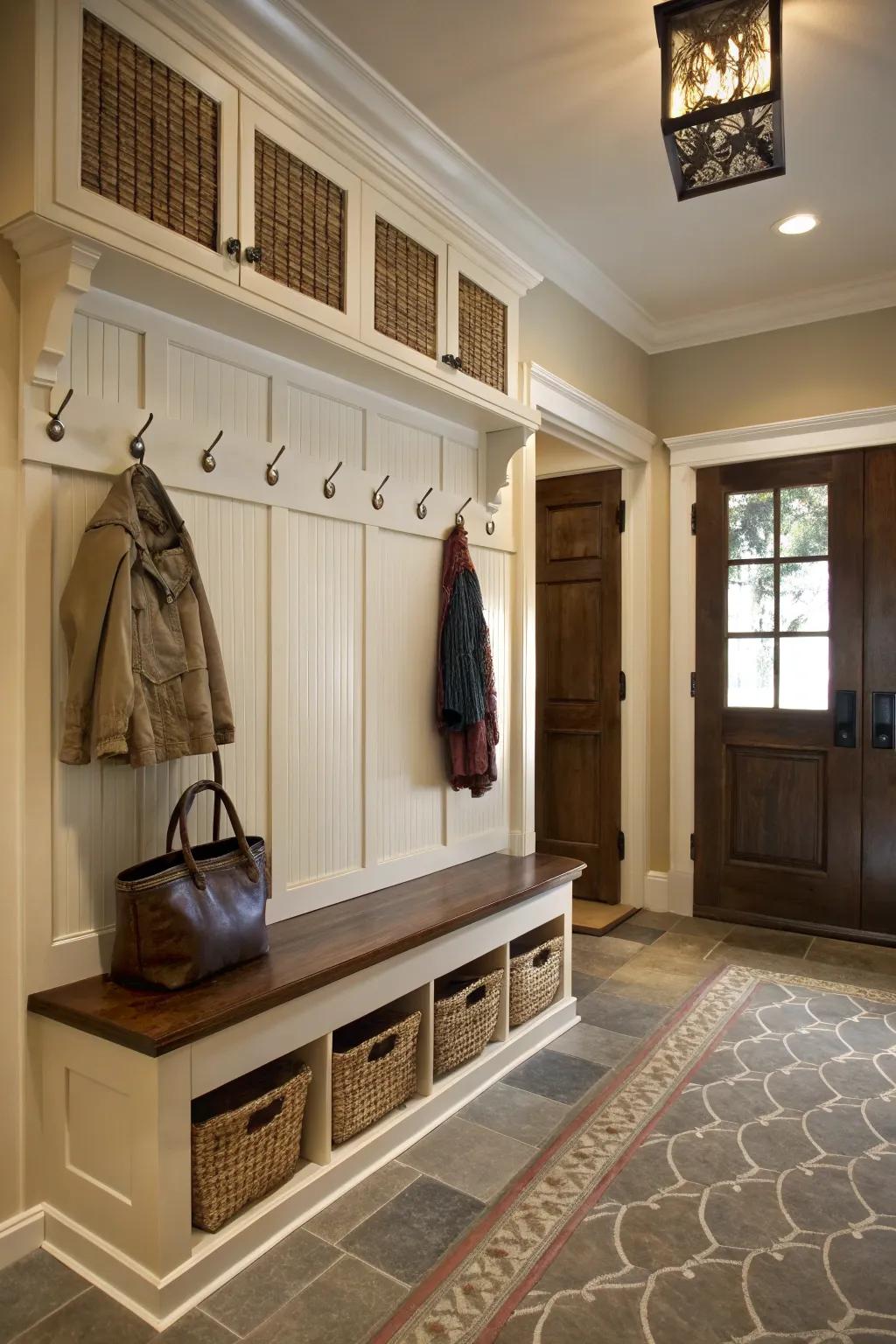 Wainscoting combined with hooks for timeless elegance.