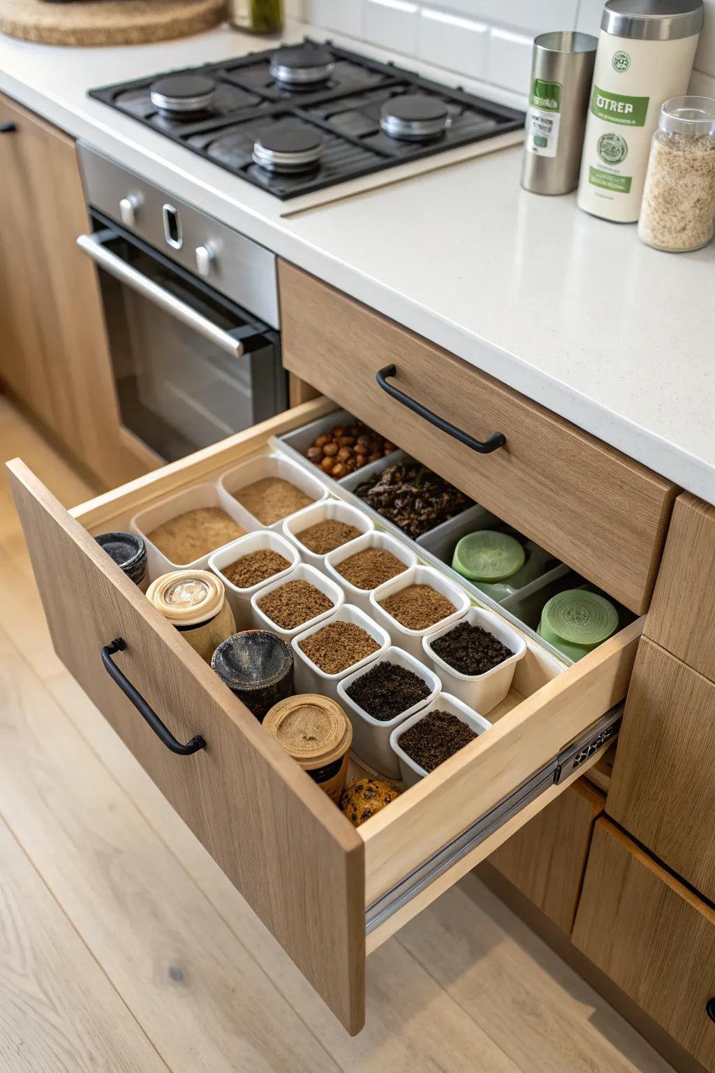 Eco-friendly containers add a sustainable touch to your drawer.