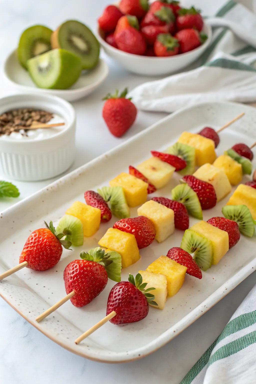 Colorful fruit skewers, a healthy and fun snack option.