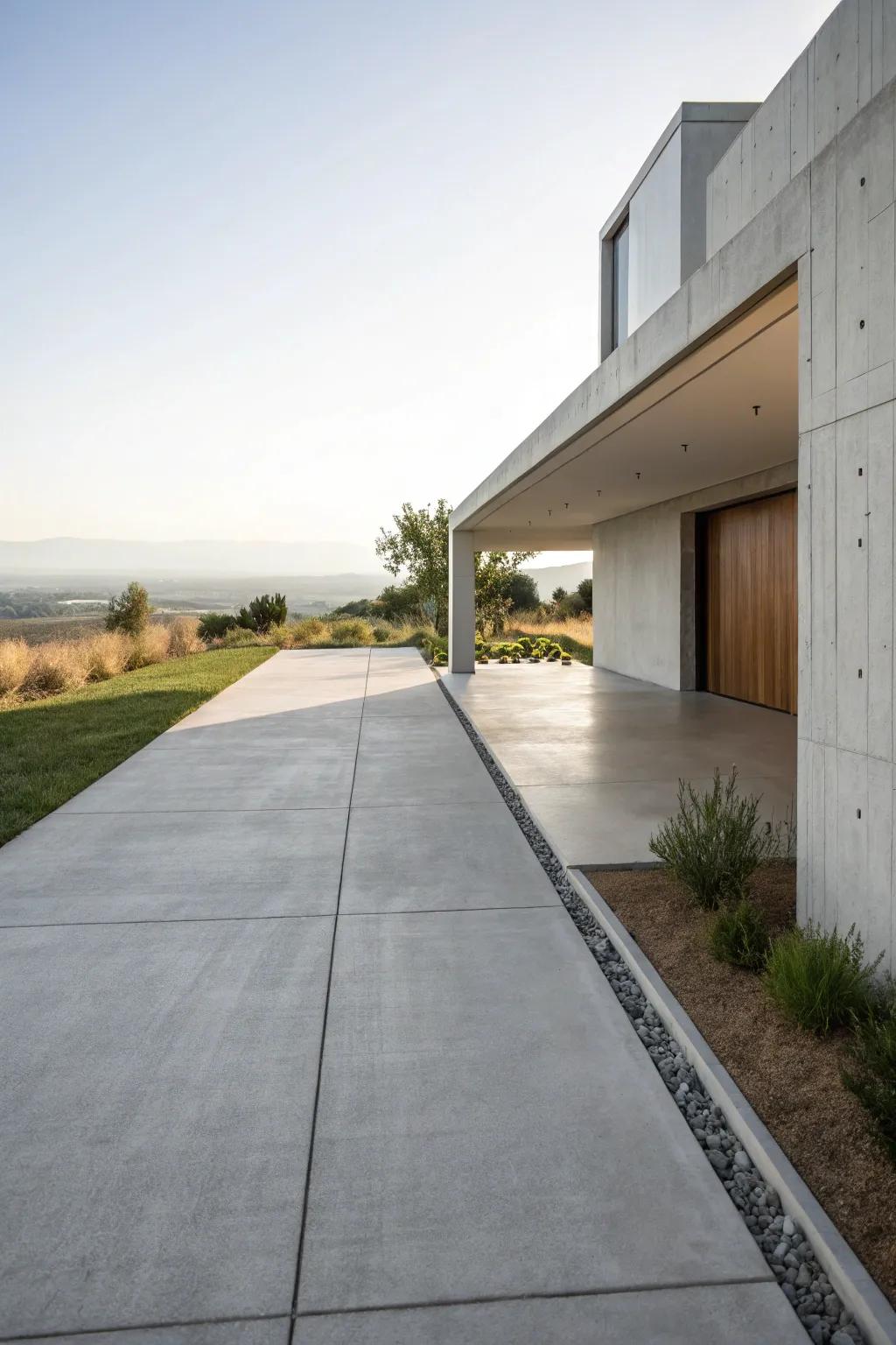 A minimalist driveway that emphasizes simplicity and space.