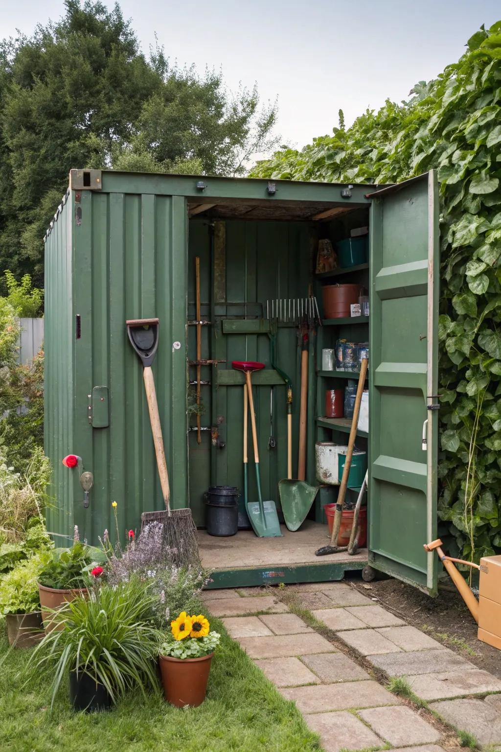 A shipping container makes an ideal storage hub for all your gardening essentials.