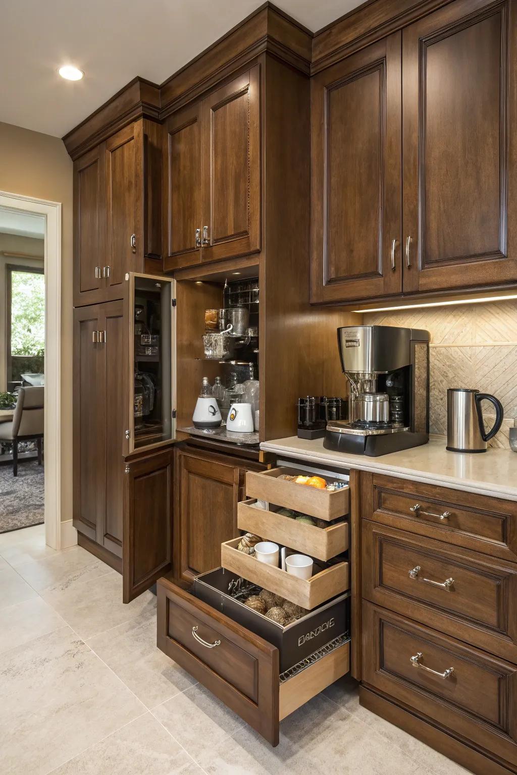 Swinging pullout cabinets add a delightful surprise to your kitchen.