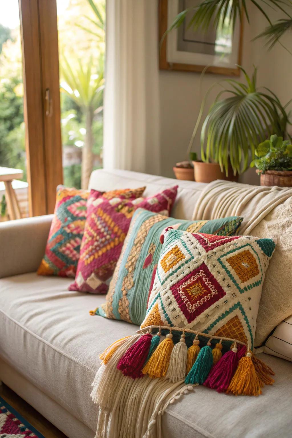 Bohemian pillows bring a relaxed, eclectic charm.