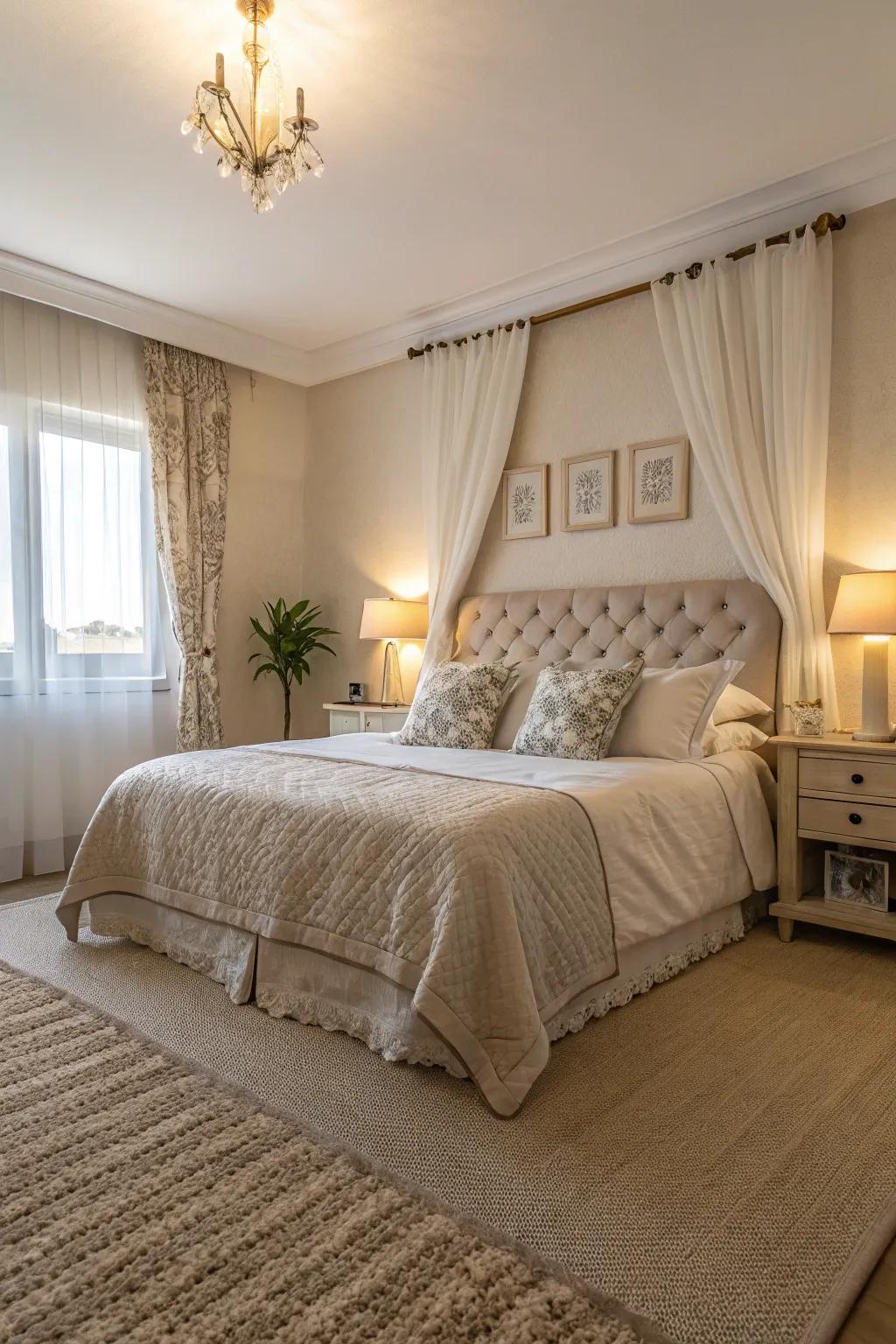 A bedroom with a soothing beige carpet and calming decor.