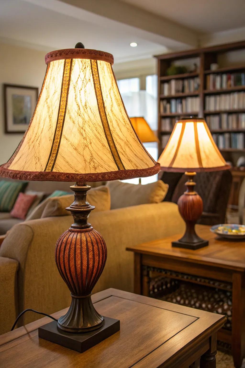 Soft lampshades diffuse light for a gentle, cozy glow.