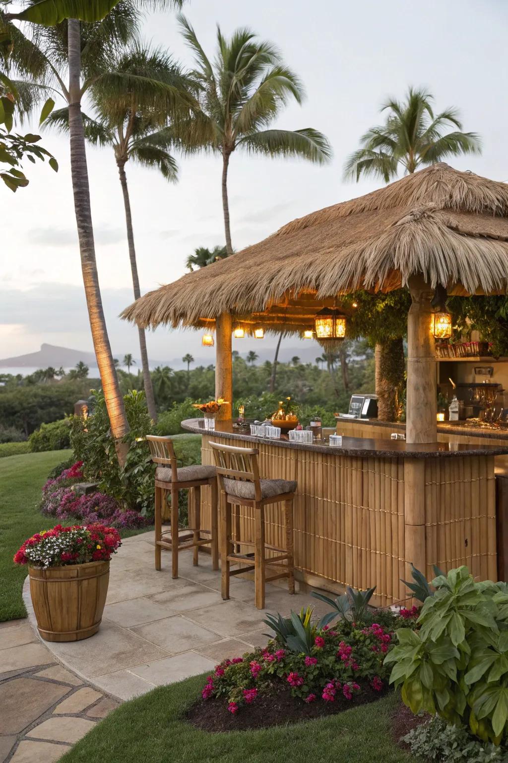 A tiki-inspired bar transforms this backyard into a tropical oasis.