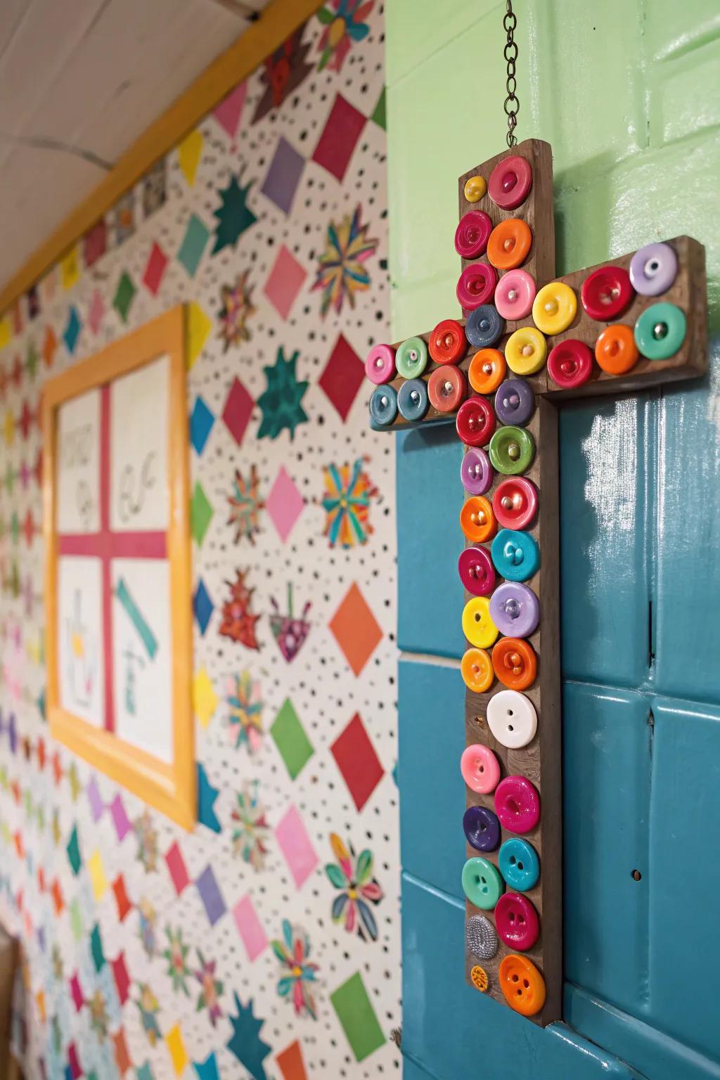 Whimsical cross made from colorful buttons