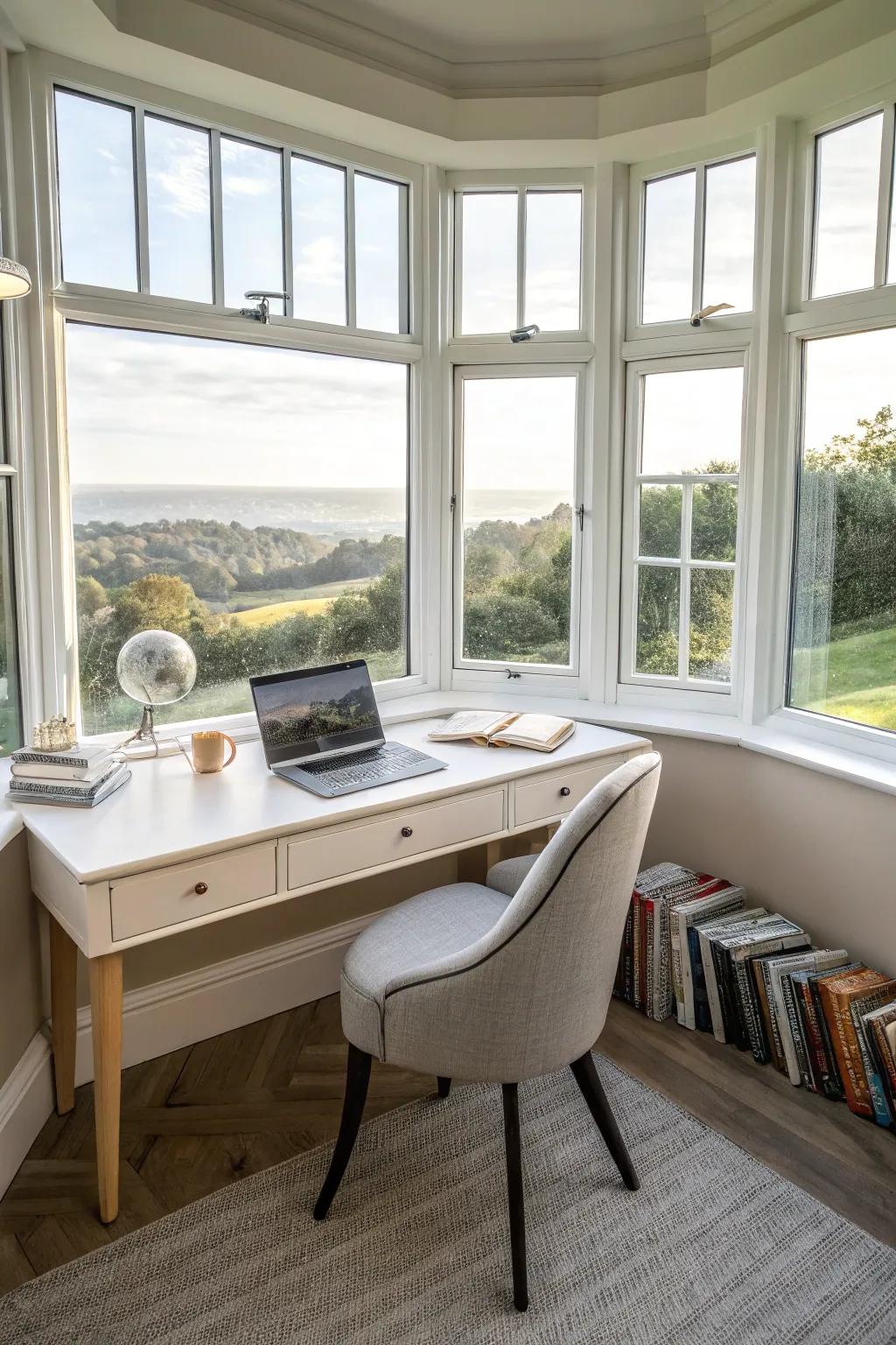 A functional workspace nestled in a curved bay window.