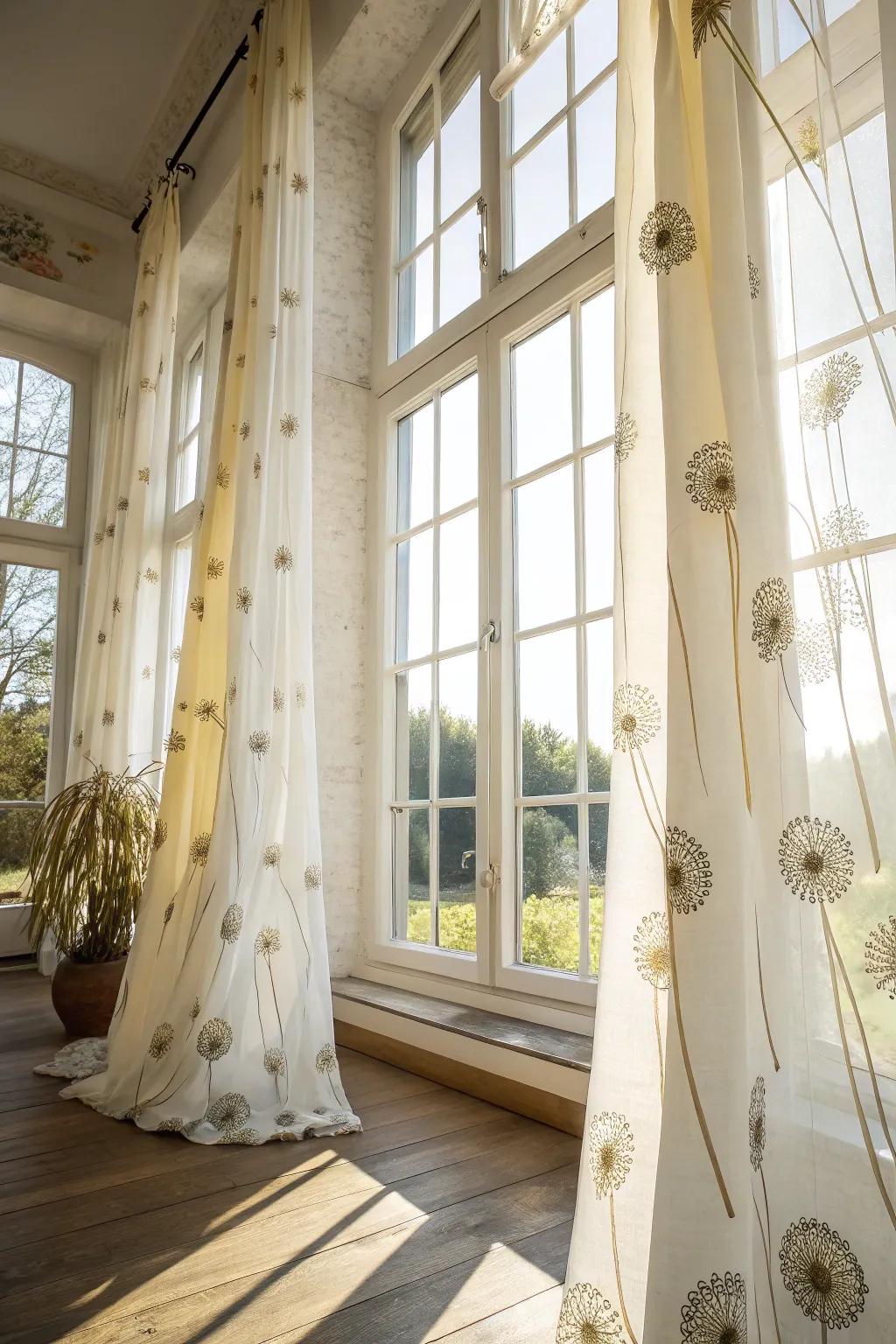 Patterned curtains bring dandelions to your windows.