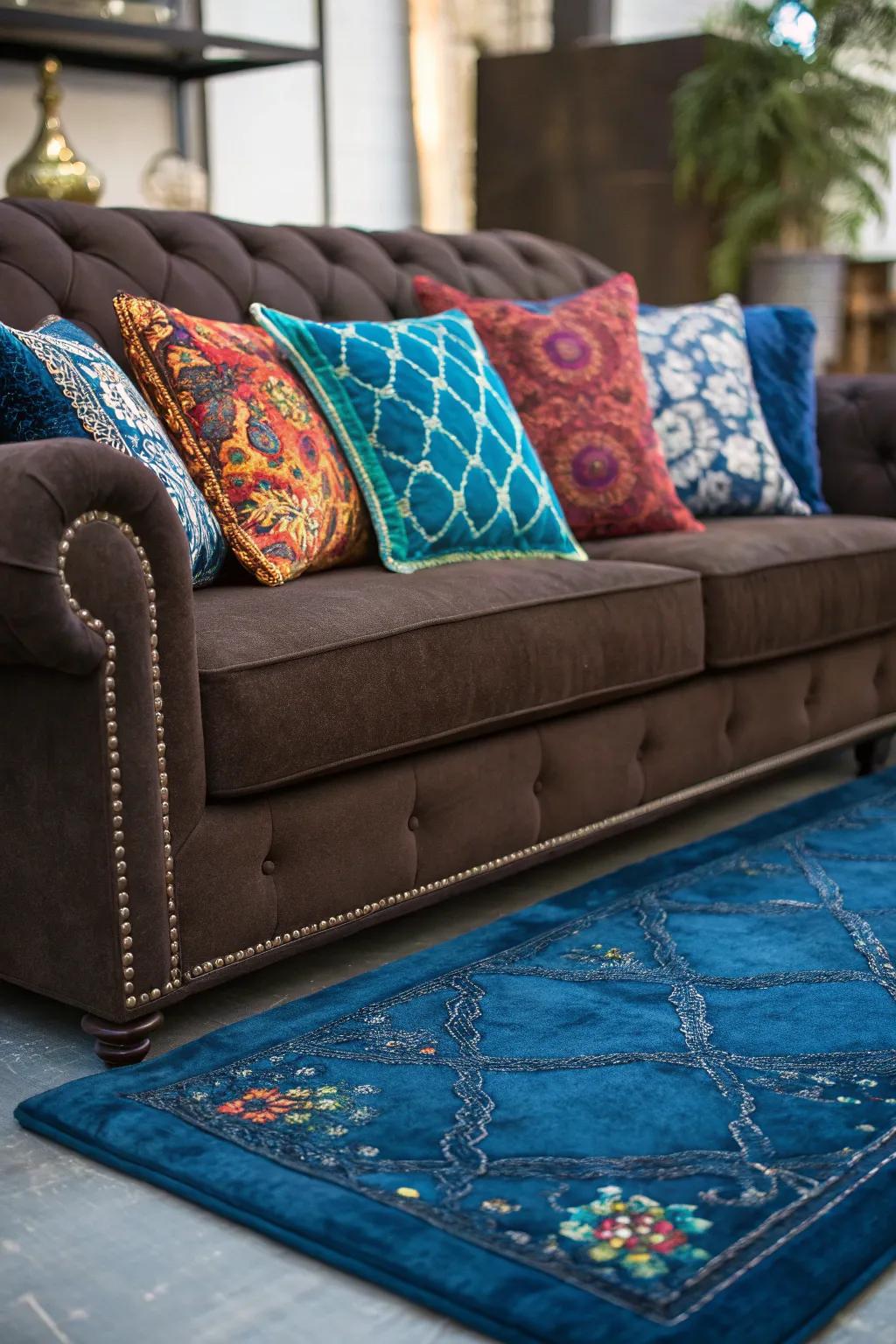 Jewel tones create a striking contrast with a dark brown couch.